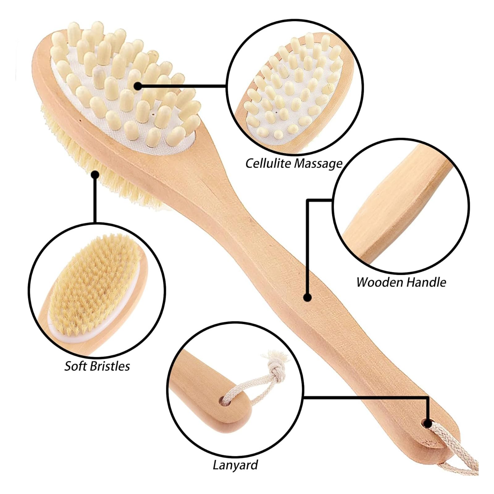 Natural Long Wooden Body Brush - Double-Sided Massage & Exfoliating Scrubber for Shower, Bath & Spa - Wood Back Scrubber for Dry Brushing & Relaxation (Perfect for Home Spa, Self-Care & Gift)