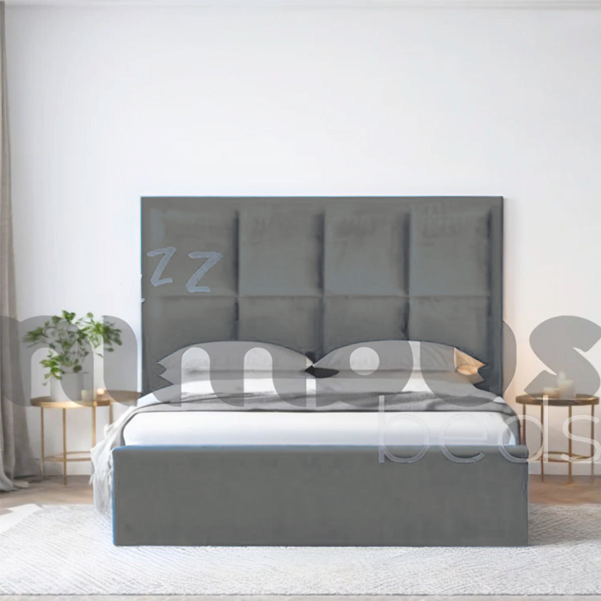 8 Square Panel Bed Frame - Queen Size Wooden Platform Bed with Upholstered Headboard - Perfect for Modern Bedrooms & Guest Rooms