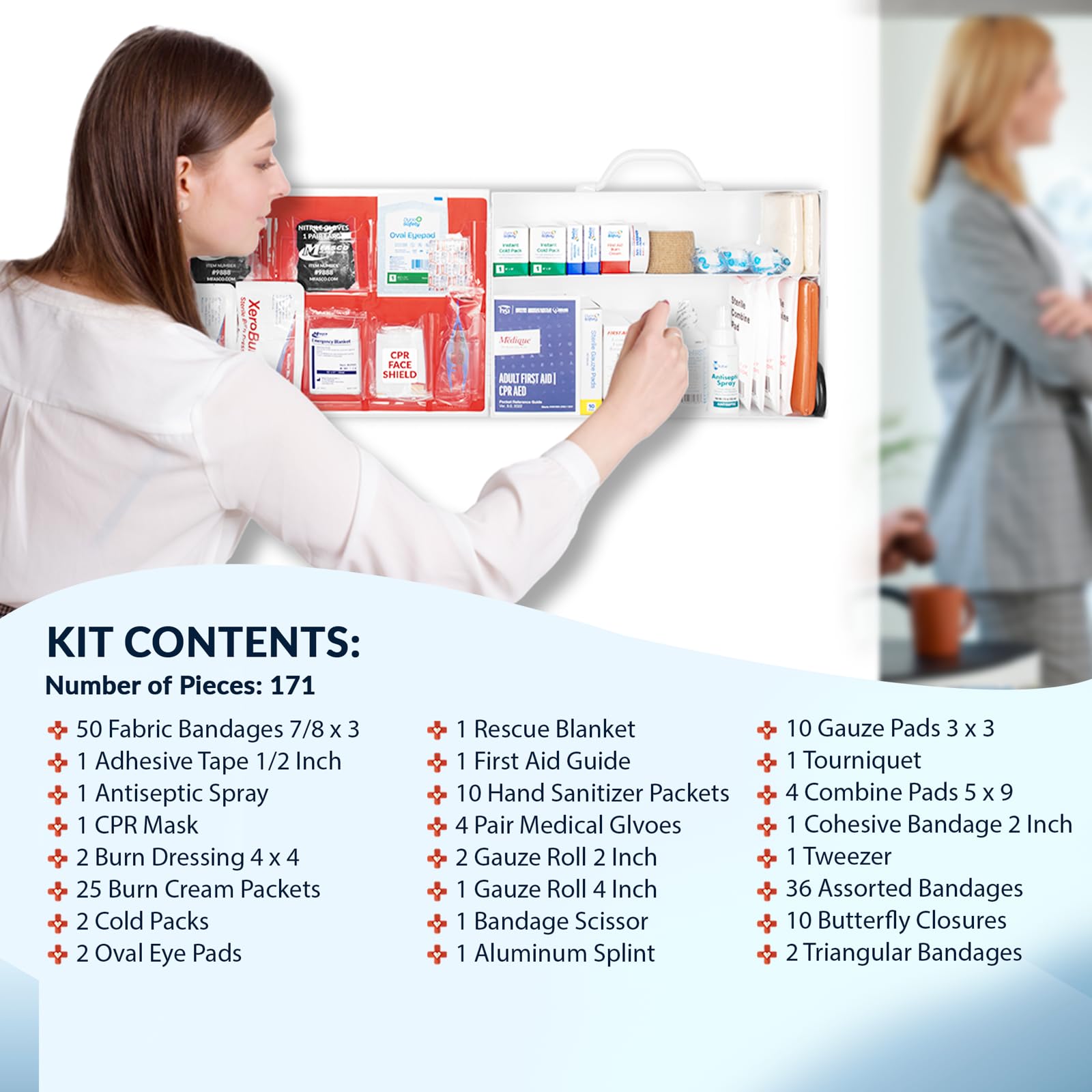 OSHA 2021 Class B Essentials First Aid Kit - 171 Pieces with 2 Shelf Metal Case | Workplace Safety, Emergency Preparedness & Home Use