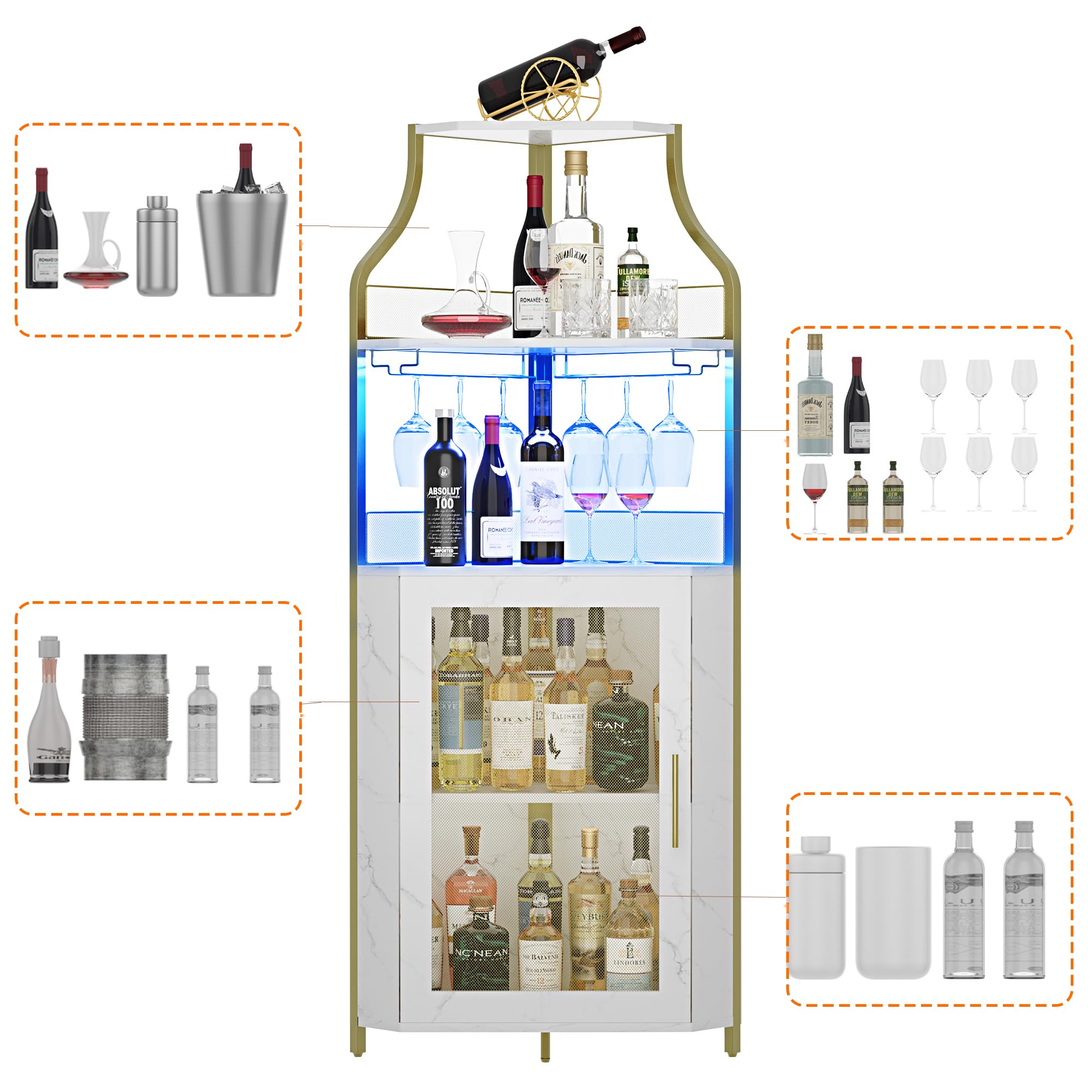 5-Tier Industrial Wine Cabinet with LED Lights & Glass Holder - Adjustable Shelf, Mesh Door & Gold Finish - Perfect for Home Bar, Kitchen, Dining Room & Entertainment Spaces