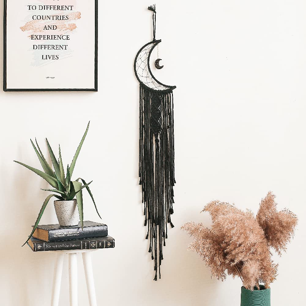 Black Moon Dream Catcher with LED Lights - Boho Chic Wall Hanging for Bedroom Decor, Spiritual Gift for Women & Girls - Perfect for Meditation Rooms, Dorm Decor & Housewarming Gifts