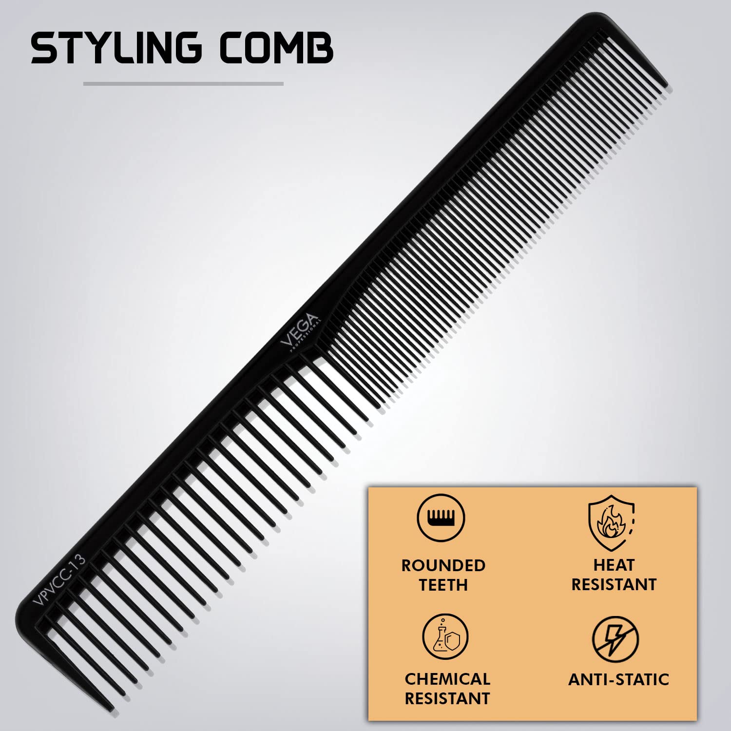 VEGA PROFESSIONAL Styling Comb - Carbon Anti-Static Hair Comb for Smooth Detangling & Styling (VPVCC-13) - Perfect for Salon, Home Use & Travel Hair Care