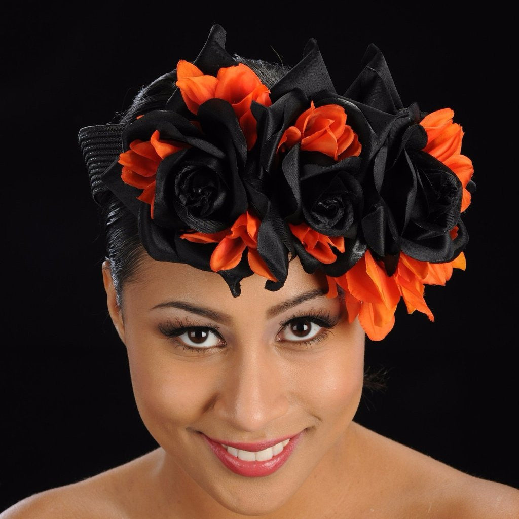 Elegant Black Straw Fascinator with Orange & Black Floral Design - Perfect for Weddings, Tea Parties & Special Occasions