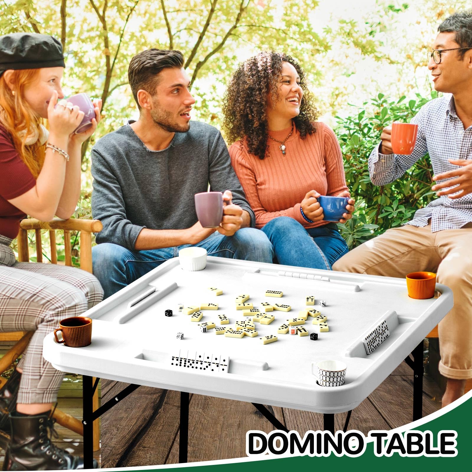 Foldable Plastic Domino Game Table with Cup Holders & Card Slots - Anti-Scratch Waterproof Portable Board Game Table for Mahjong, Poker, Cards & Dominoes (White) | Perfect for Family Game Nights, Parties & Outdoor Gatherings