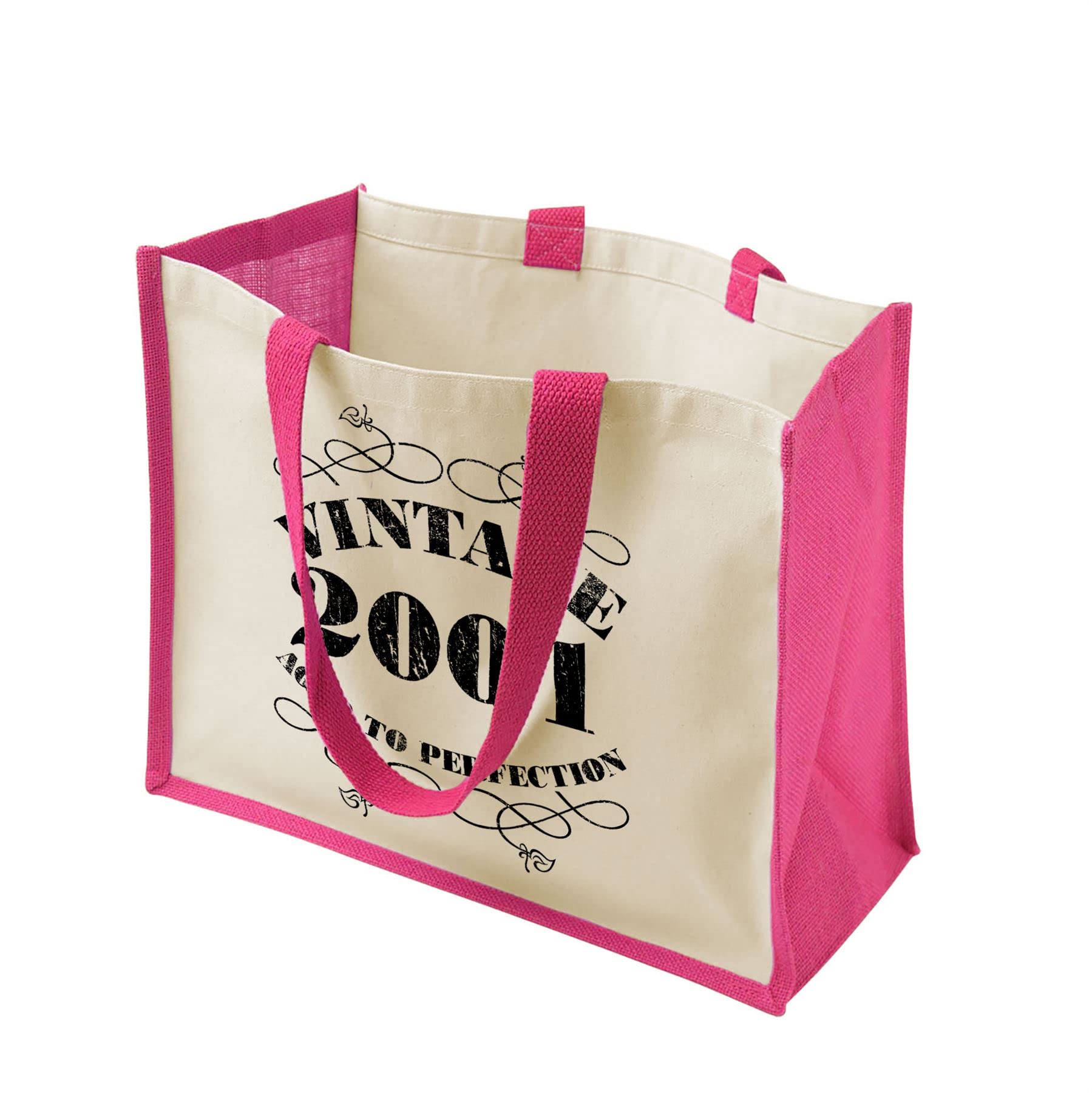 21st Birthday Gifts for Women - Vintage 2001 Fuchsia Cotton Jute Tote Bag | Reusable Eco-Friendly Shoulder Bag for Shopping, Beach, Work & Daily Use