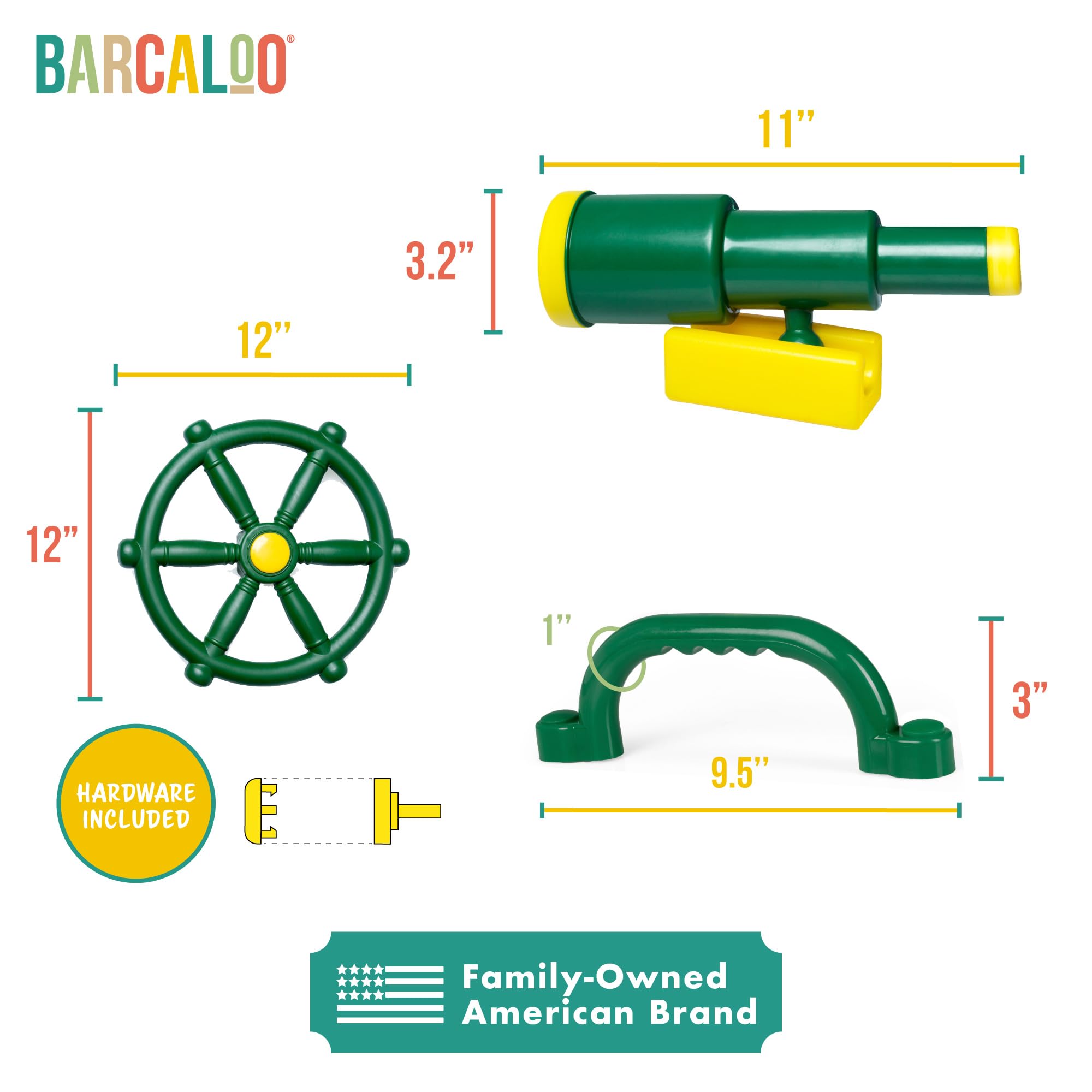 Kids Outdoor Playground Accessories - Pirate Telescope, Steering Wheel & Green Safety Handle Bars for Backyard, Playhouse, Treehouse, Jungle Gym, Swingset & Pirate Ship | Perfect for Imaginative Play & Outdoor Adventures