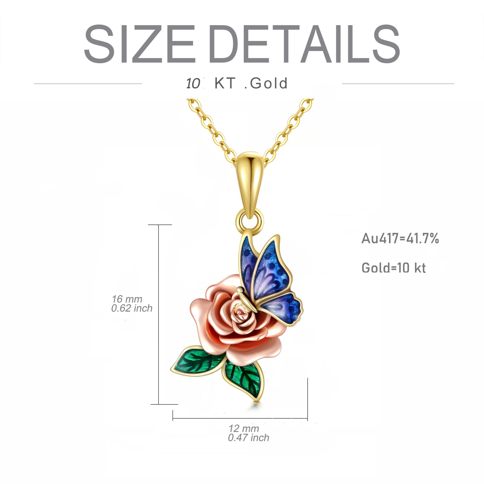 SISGEM 10K Real Gold Butterfly Rose Pendant Necklace for Women - Yellow & Rose Gold Floral Jewelry, Dainty Rose Butterfly Necklace Gift for Birthday, Christmas, Anniversary (16+1+1 Inch) - Perfect for Everyday Wear, Date Nights & Special Occasions