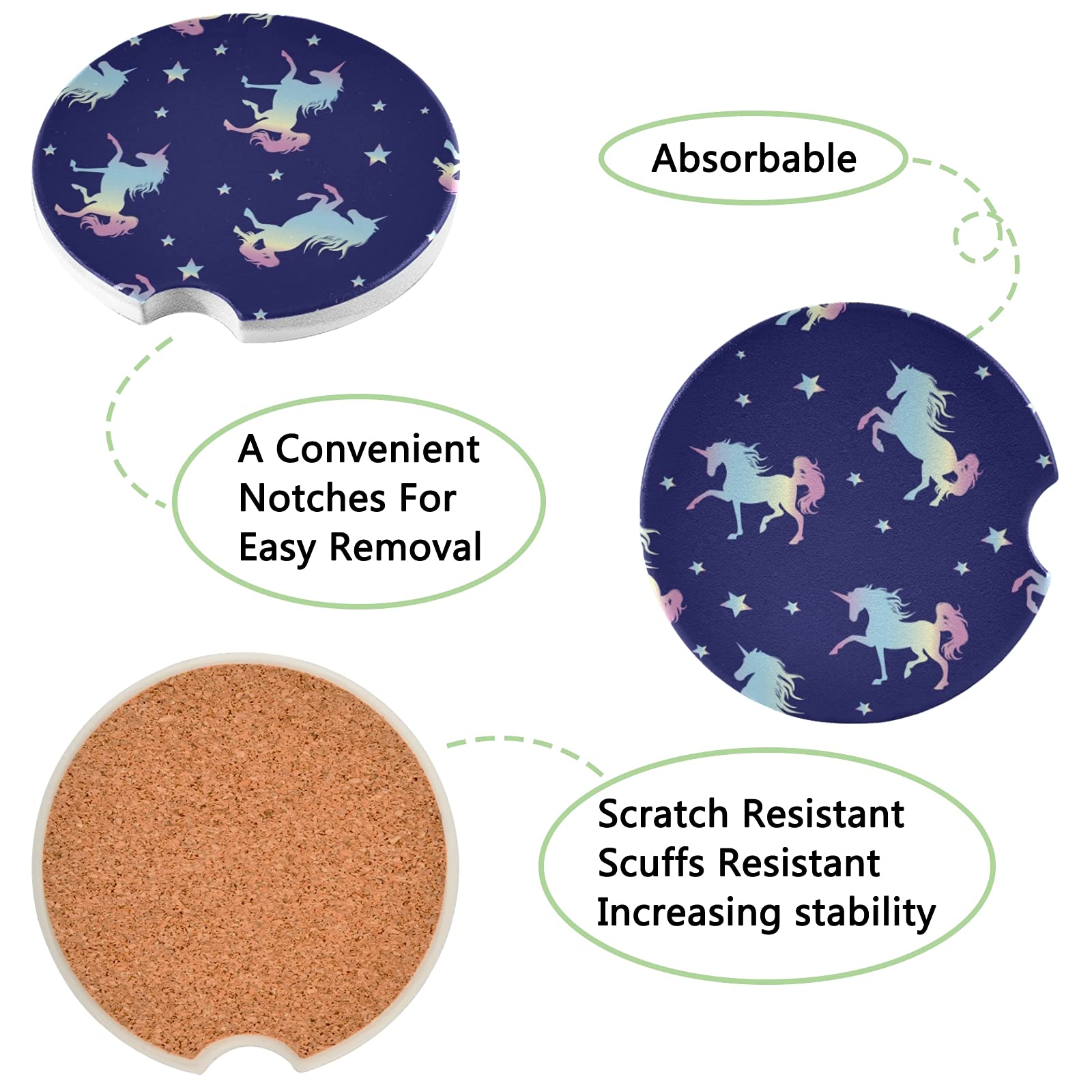 2 Pack Magic Unicorn Ceramic Car Coasters for Drinks - Absorbent Cup Holder Coasters with Fingertip Grip (2.5 Inch) - Perfect for Cars, Trucks, SUVs & Road Trips - Prevents Spills & Protects Surfaces