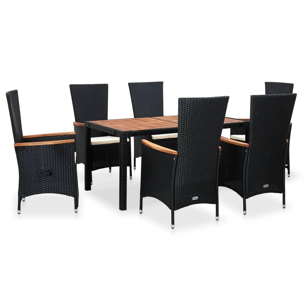 vidaXL 7-Piece Patio Dining Set with Wood Tabletop & Rattan Chairs - Black Poly Rattan Outdoor Furniture with Cushions | Perfect for Backyard, Garden, and Poolside Dining