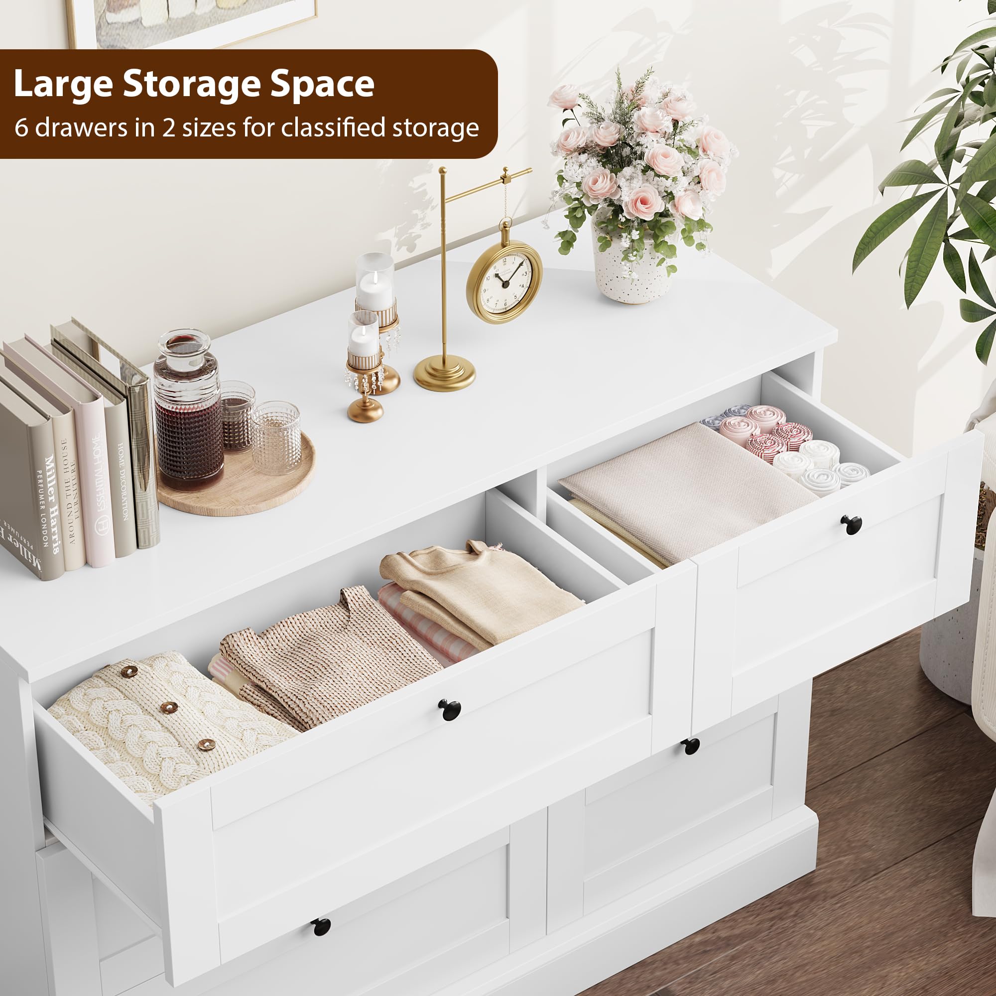 HOSTACK 6-Drawer White Wooden Dresser - Modern Wide Double Dresser Chest for Bedroom, Living Room, Entryway & Hallway - Perfect for Home Organization & Storage Solutions