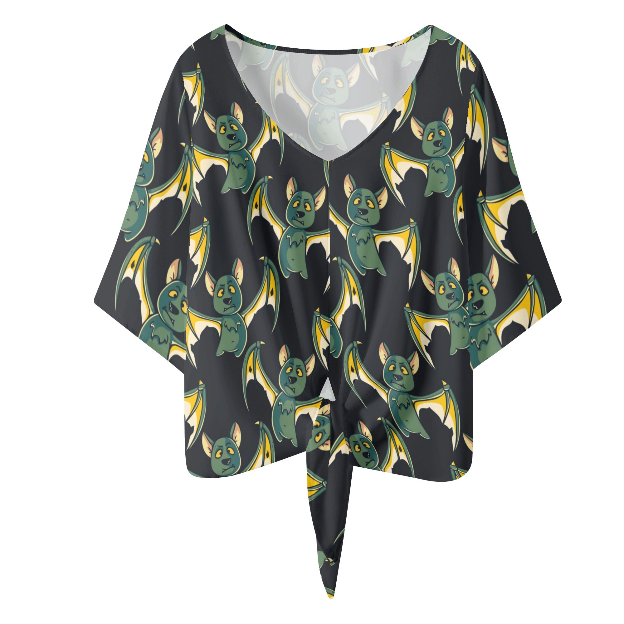 Batty The Bat V-Neck Blouse for Women | Gothic Halloween Party Top | Cute Bat Print Streamer Shirt for Costume, Cosplay & Night Out
