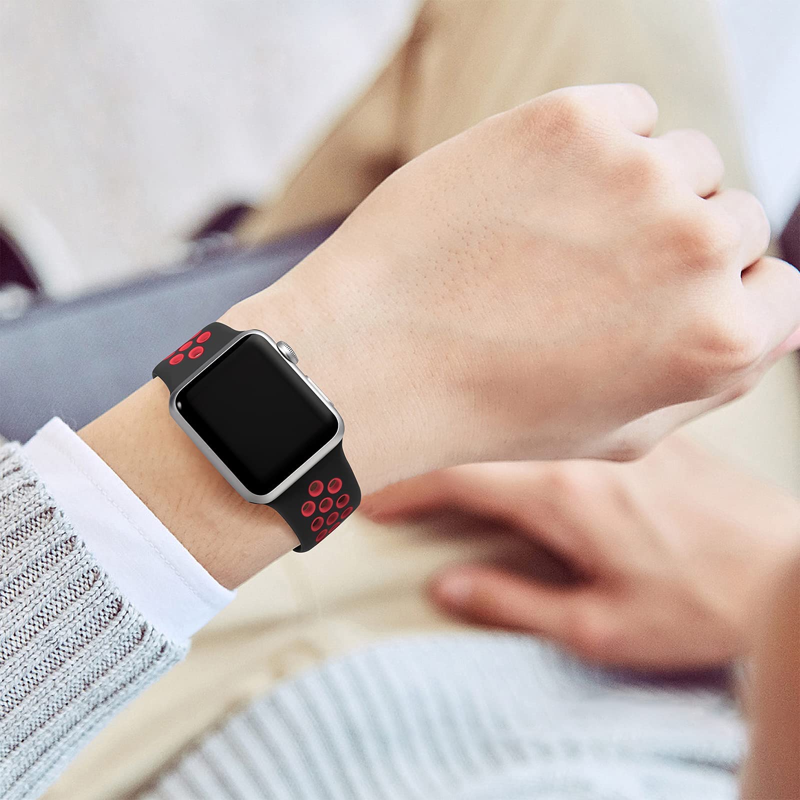 Lerobo Soft Silicone Sport Band Compatible with Apple Watch Ultra 49mm, Series 9/8/7/6/5/4/3/2/1, SE & Series 10 - Breathable & Durable Strap for Women & Men (Black, Red) - Perfect for Running, Gym & Daily Wear