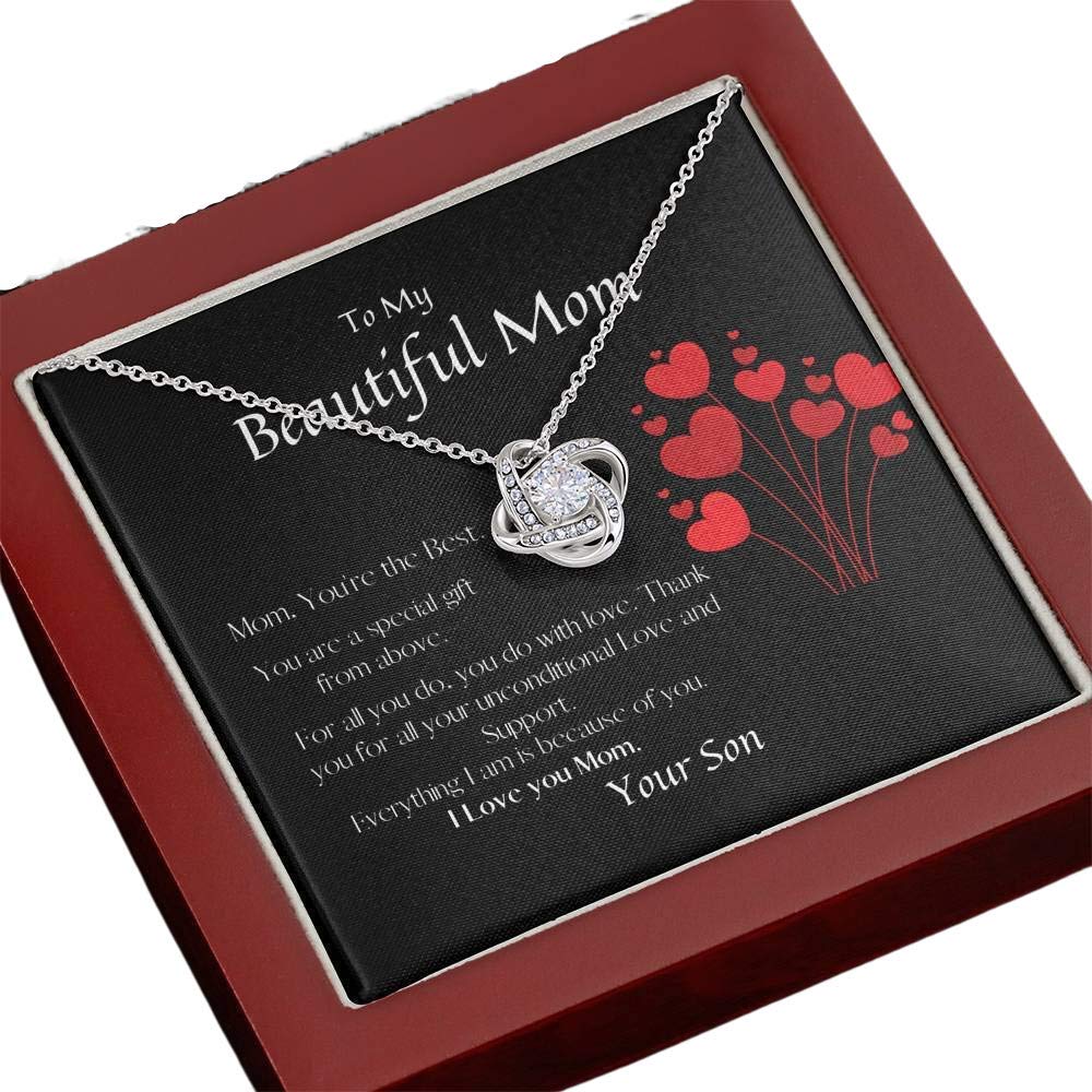 Mom Love Knot Necklace - Personalized Mother's Birthday Gift from Son with Luxury Mahogany Box | Thoughtful Thank You Present for Mom, Grandma & Special Women | Perfect for Mother's Day, Christmas & Anniversary Celebrations
