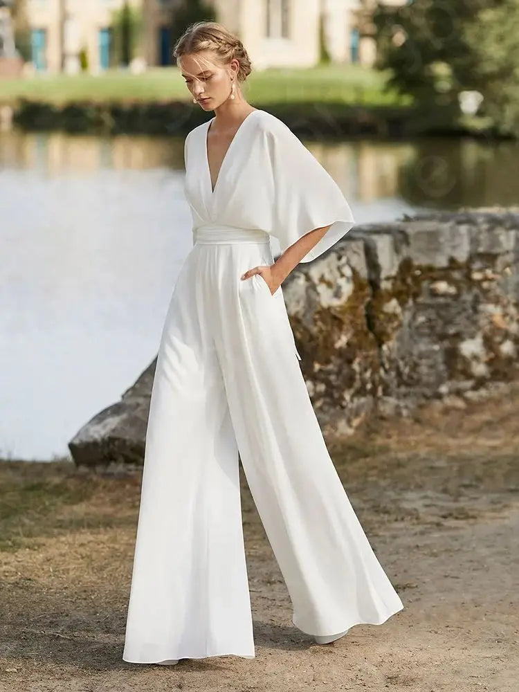 White V-Neck Jumpsuit Wedding Dress | Boho Bridal Pantsuit for Beach Weddings | Elegant Bridal Outfit for Destination Ceremonies & Photoshoots