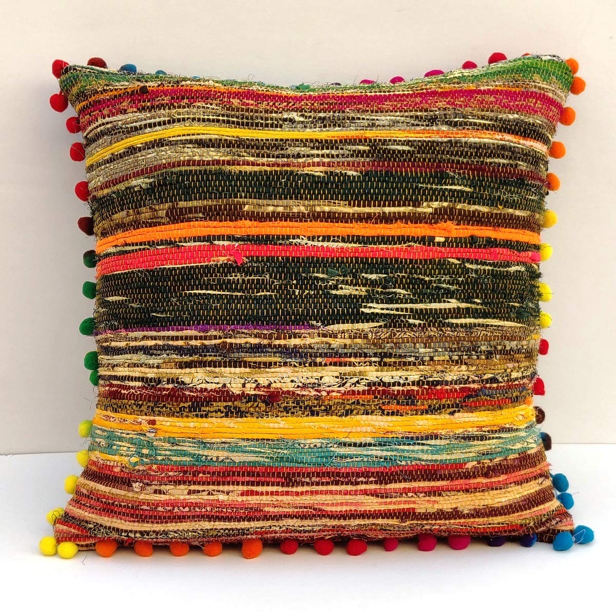 Handmade Jaipur Chindi Cushion Covers - 16x16 Inch Bohemian Floor Pillows, Traditional Indian Handwoven Cotton Fabric, Multi-Color Braided Design for Patio, Living Room & Boho Home Decor