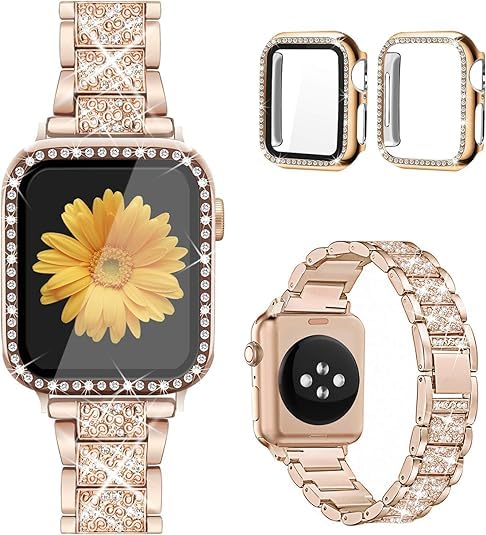 Premium Apple Watch Band with Screen Protector Case - Compatible with iWatch Series 10/9/8/7/6/5/4/3/2/1/SE (38mm/40mm/41mm/42mm/44mm/45mm/46mm) - 2 Pack Jewelry Replacement Bands for Women - Perfect for Workouts, Office Wear & Everyday Fashion Accessory