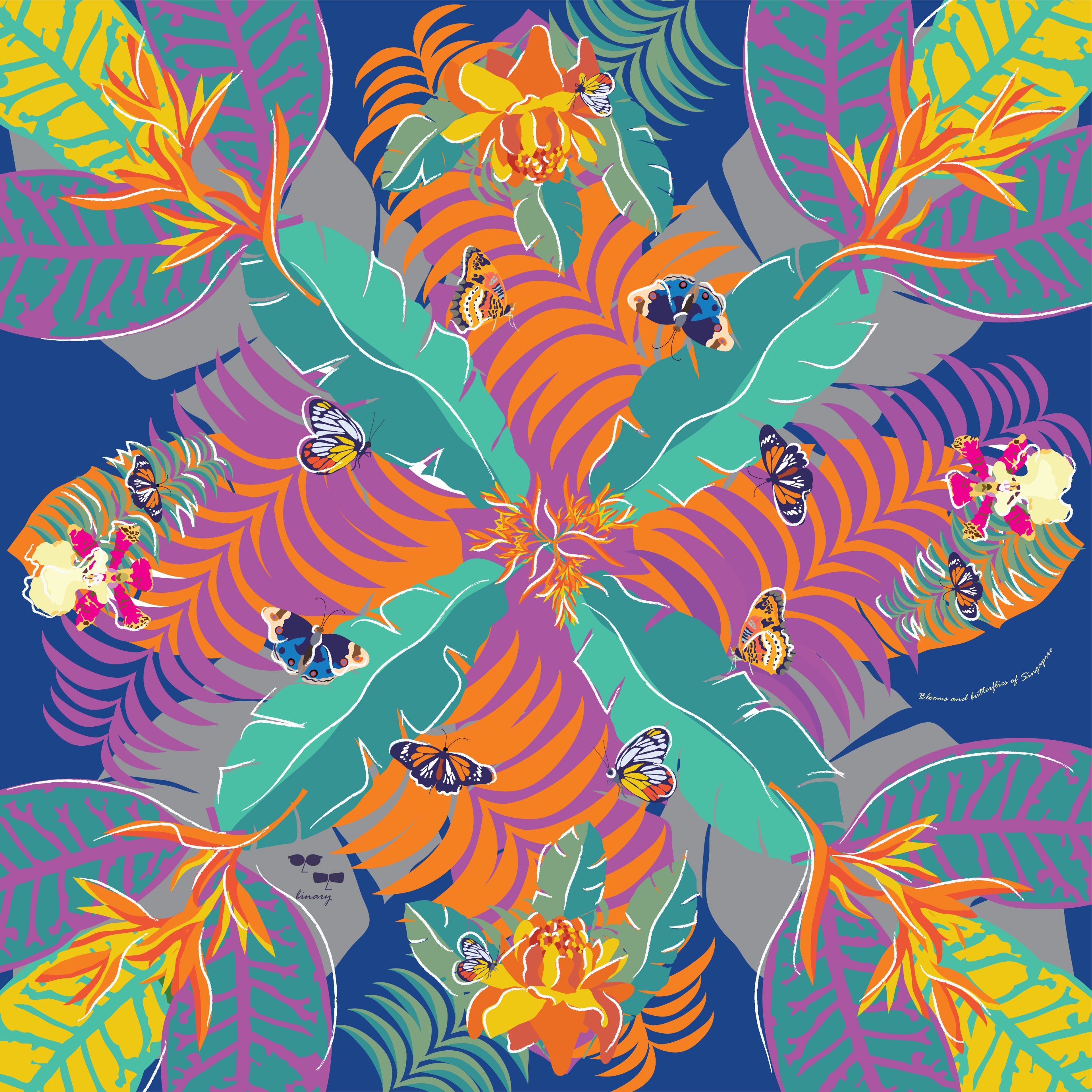 Singapore Silk Scarf with Blooms and Butterflies Design - Elegant Fashion Accessory for Women, Perfect for Office, Travel and Special Occasions