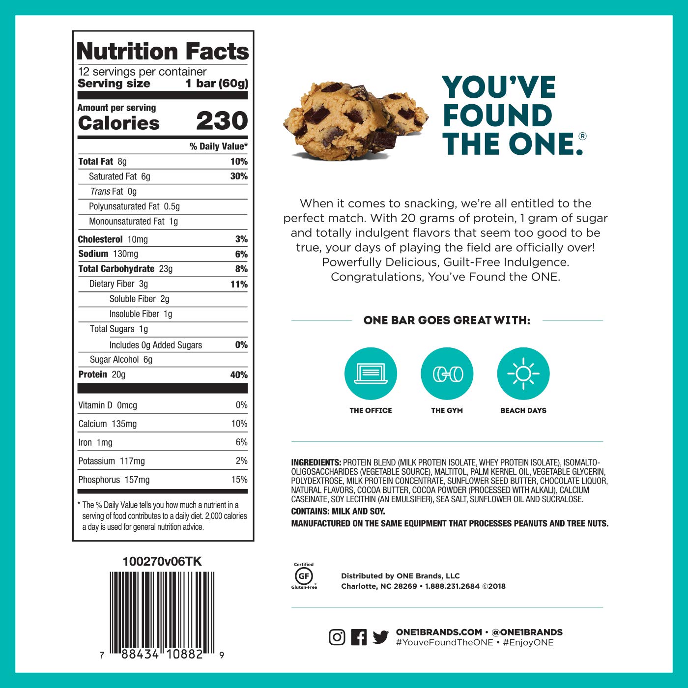 ONE 1 Protein Bars - 20g Protein & Only 1g Sugar | Chocolate Chip Cookie Dough Flavor | Gluten-Free Snack (2.12 Oz) - Perfect for High Protein Diets, Post-Workout Recovery & Healthy On-the-Go Snacking
