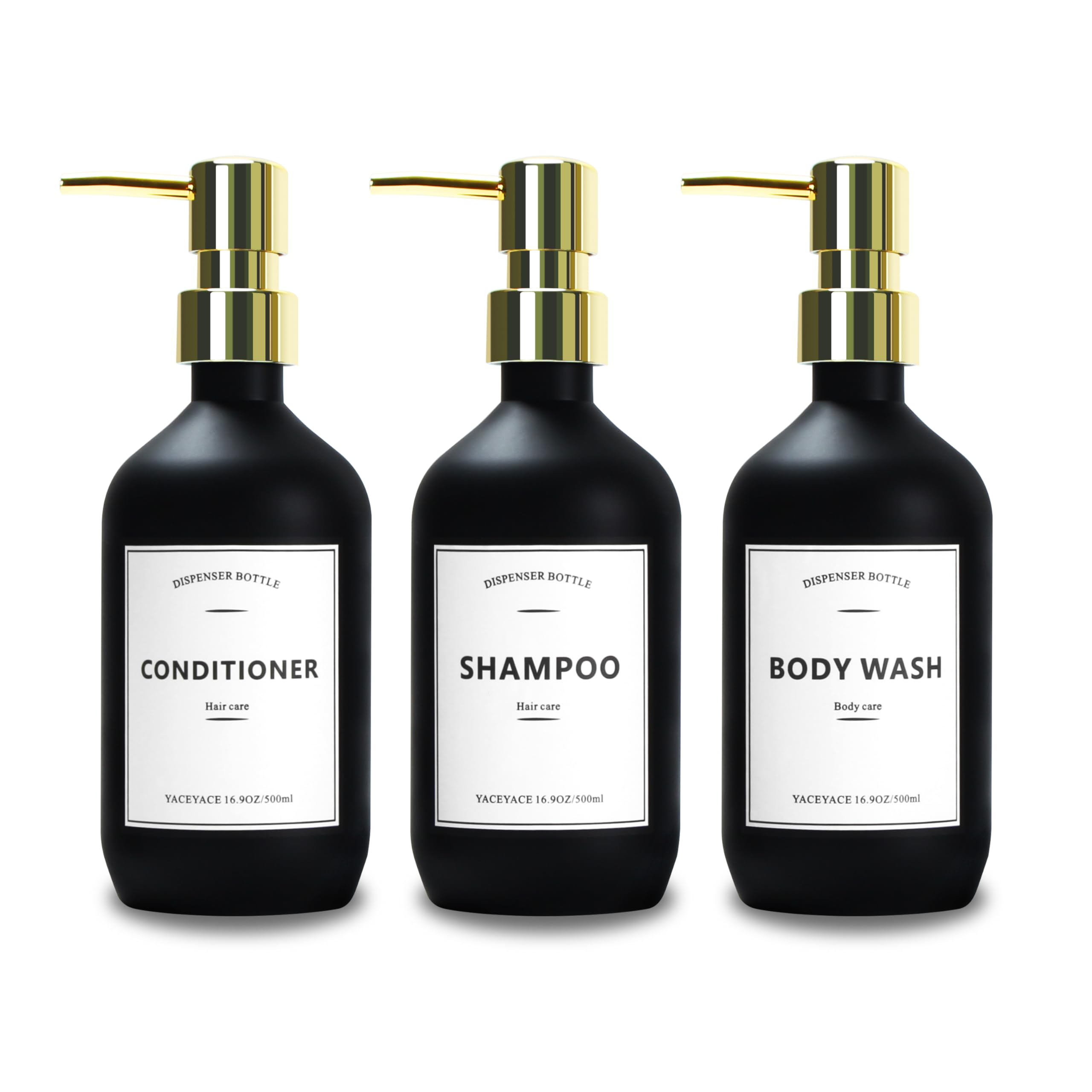 16.9oz Refillable Shampoo & Conditioner Dispenser Set of 3 - Matte Black Shower Soap Dispenser with Gold Pump & Labels | Perfect for Bathroom Organization & Luxury Hotel-Style Experience