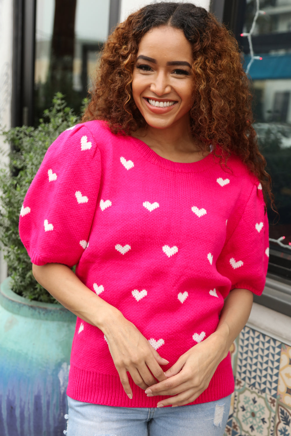 Be Mine Pink & White Heart Oversized Jacquard Sweater | Women's Valentine's Day Knit Pullover | Cozy Winter Fashion for Date Night & Casual Outings