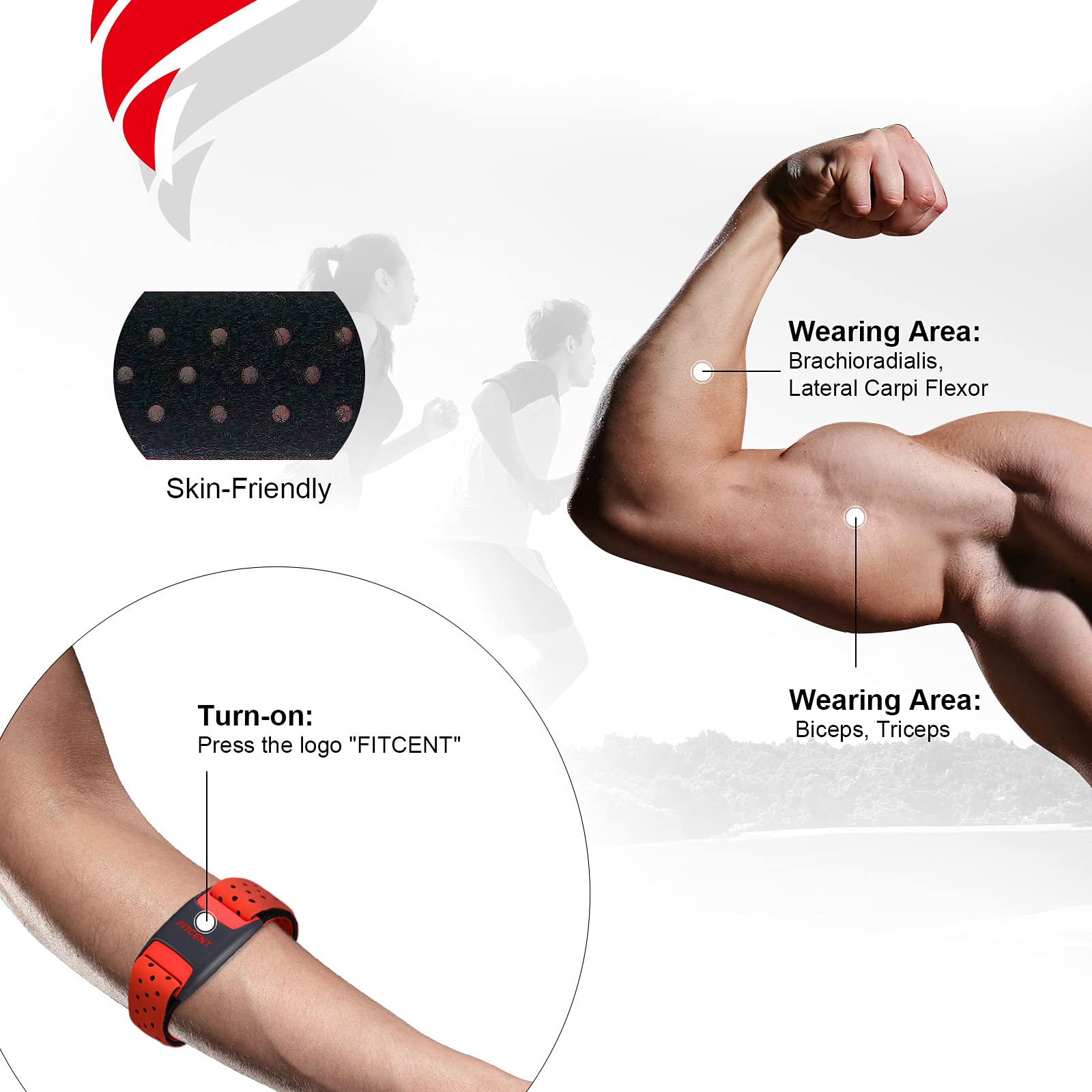 FITCENT Bluetooth ANT+ Heart Rate Monitor Armband - Rechargeable Optical HR Sensor for Peloton, Strava, Zwift, Polar Beat, Wahoo Fitness - Ideal for Running, Cycling, Yoga & Gym Workouts (Red)