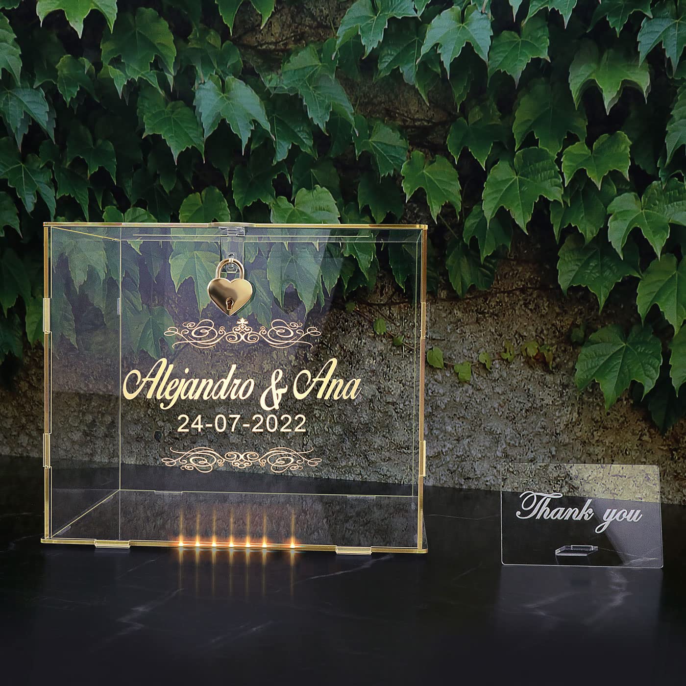 Personalized Acrylic Wedding Card Box with Lock & LED Lights - Elegant Money Gift Box for Wedding Reception, Graduation, Birthday & Baby Shower - Large Custom Wishing Well with Rhinestone Decoration (Perfect for Special Events & Cash Gift Collection)