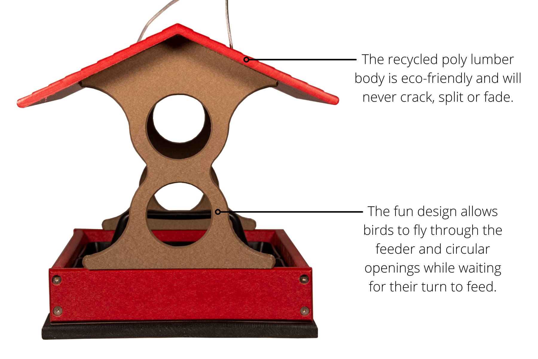 JC's Wildlife Medium Poly Fly-Thru Bird Feeder with Removable Seed Tray - 4 Cups Capacity for Cardinals, Chickadees & Backyard Birds (Red/Tan) | Durable Outdoor Bird Feeding Station for Garden, Patio & Yard Bird Watching