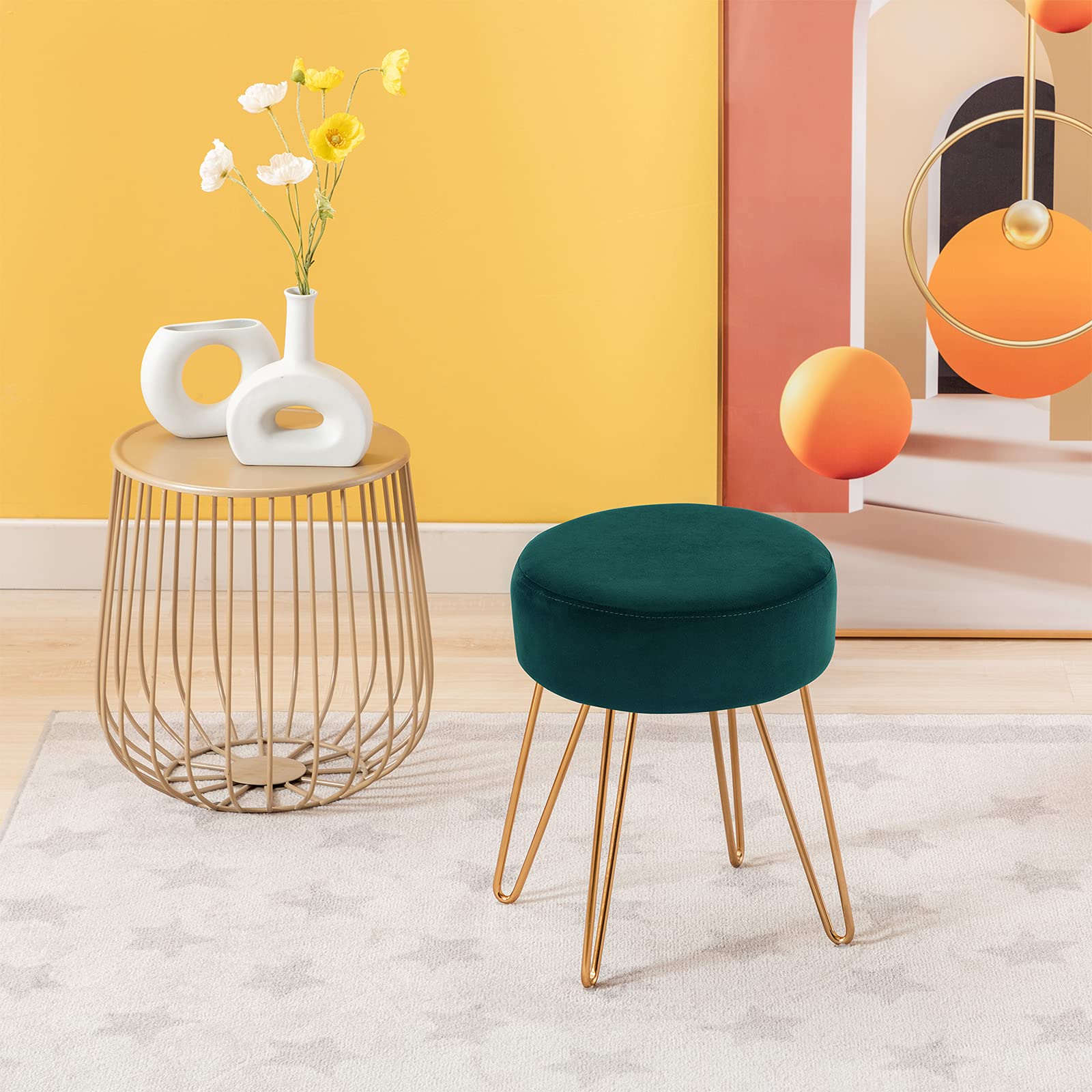 DUHOME Velvet Ottoman Stool - Modern Makeup Vanity Stool with Round Metal Base, Furry Accent Stool for Bedroom & Living Room | Contemporary Mongolian Style Home Decor for Women's Dressing Area & Lounge