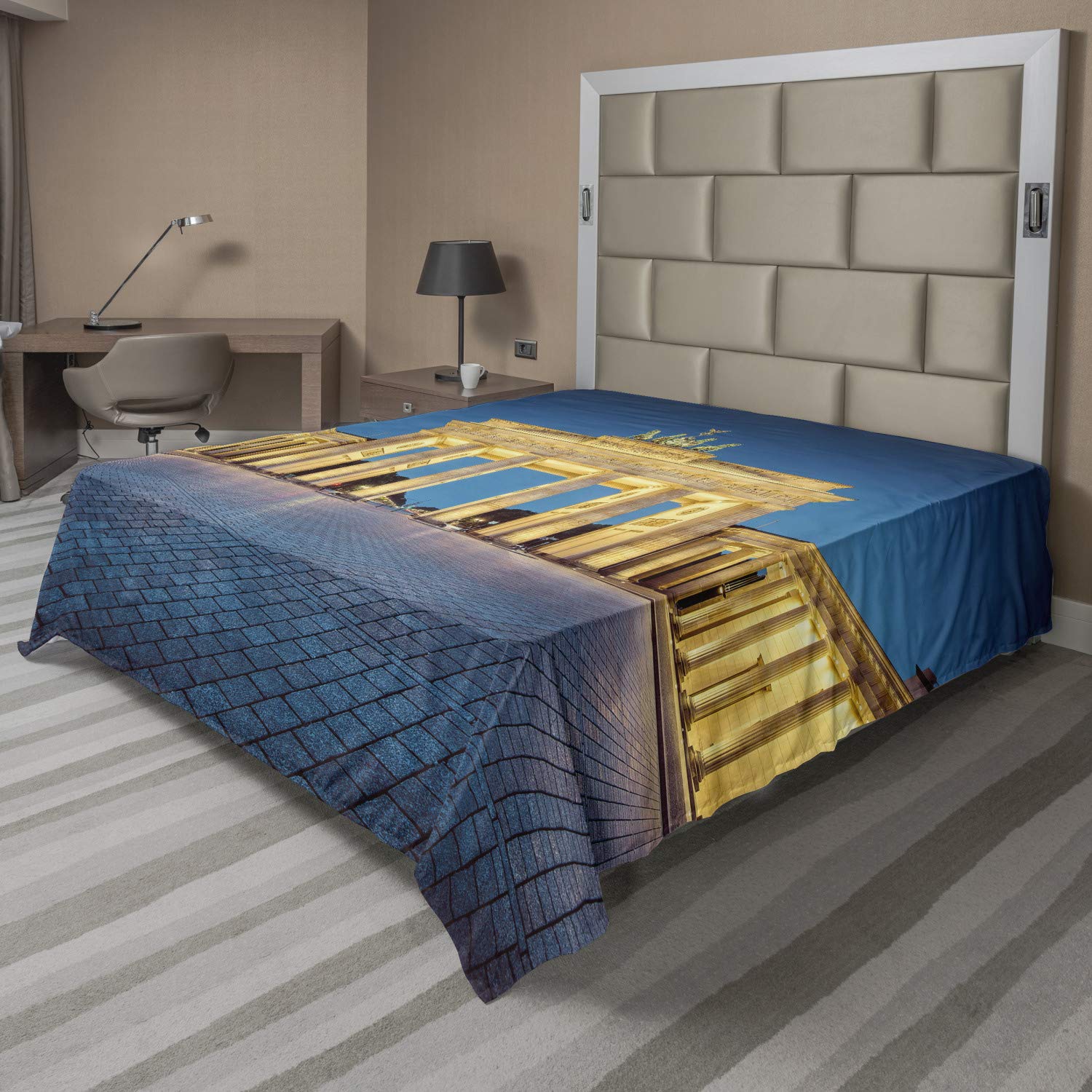 Ambesonne Queen Size Travel Flat Sheet - Soft & Comfortable Decorative Top Sheet with Famous Brandenburg Gate Germany Landmark Design in Blue, Yellow & Pink | Perfect for Home Decor, Guest Rooms & Travel Accessories