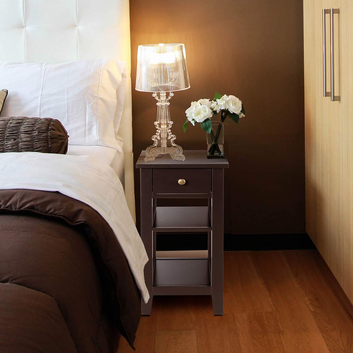 Giantex Narrow End Table Set of 2 - Small Side Table with Drawer & Shelf, Wood Accent Sofa Table & Skinny Nightstand for Small Spaces - Espresso Finish - Perfect for Living Room, Bedroom & Apartment Decor