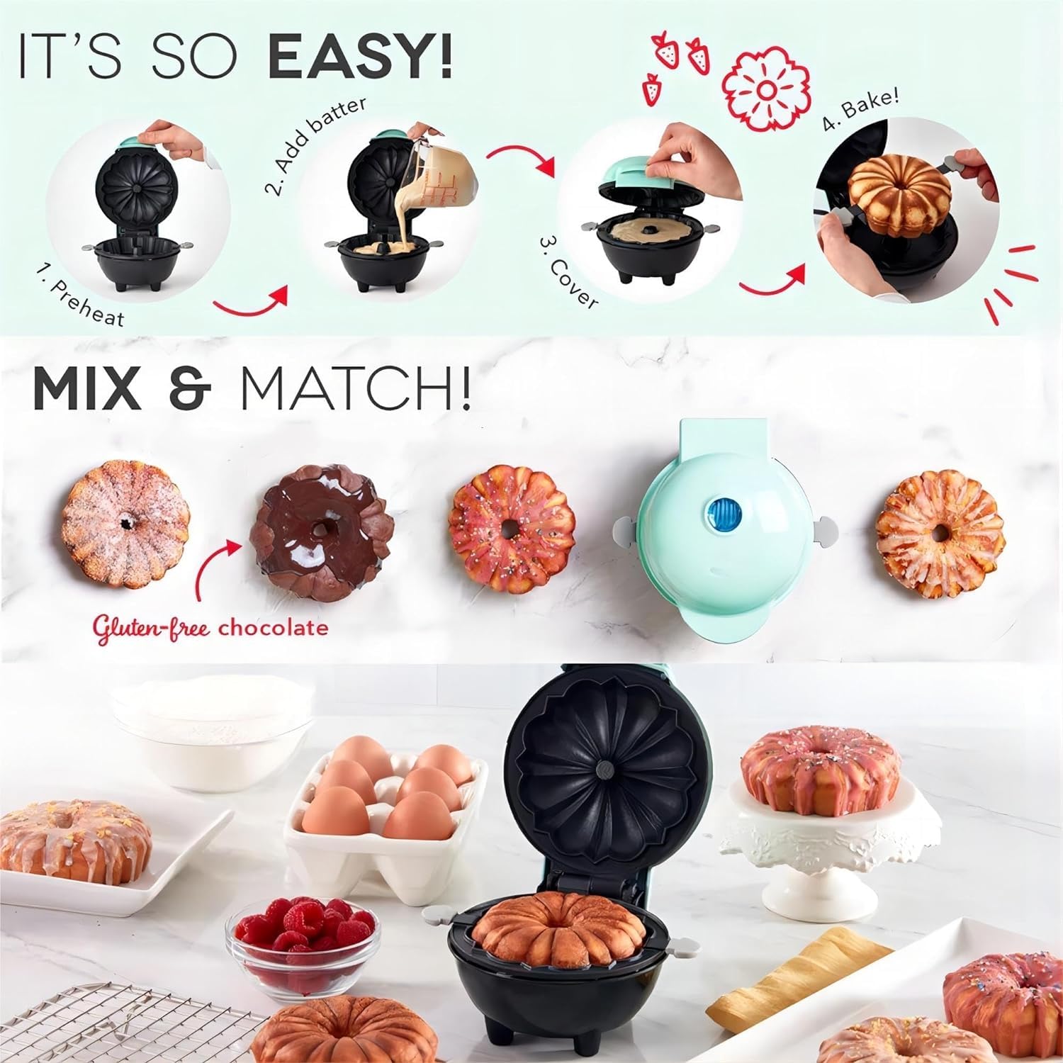 Non-Stick Double-Sided Heating 3-in-1 Cake Maker Machine for Lava Cakes, Mini Donuts & Waffles - Perfect for Breakfast, Snacks & Desserts - Quick & Easy Pancake Maker with Azure Design (Ideal for Home Kitchen, Parties & Kids' Treats)