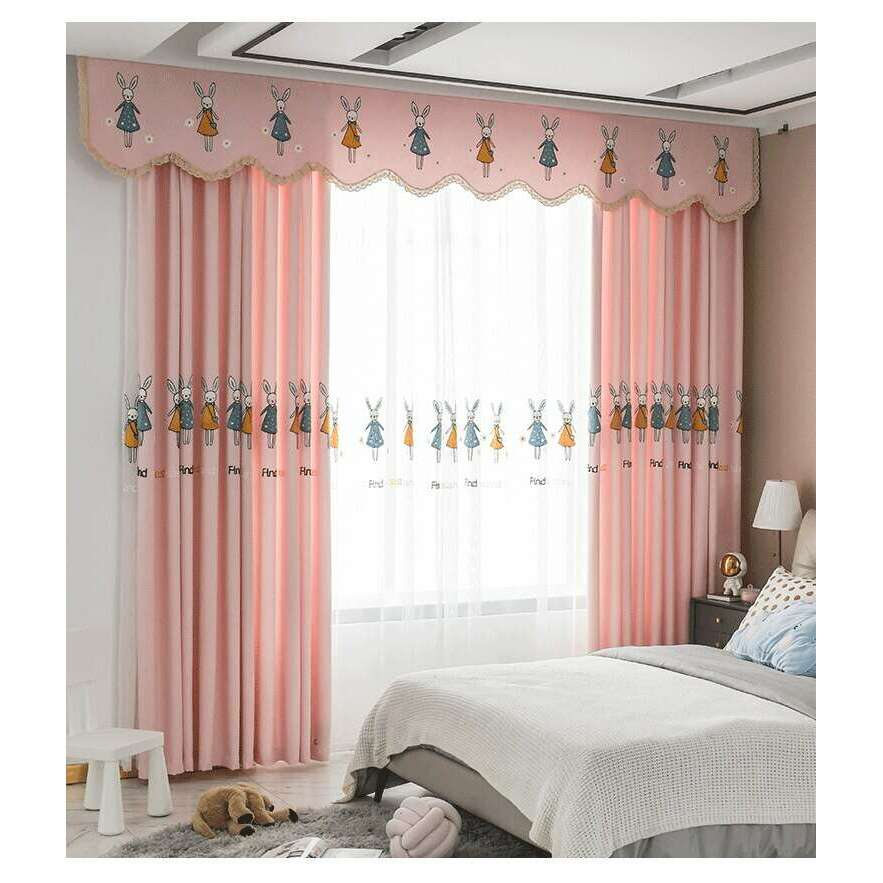 Rémy Embroidered Rabbit Bunny Curtains - Pink Floral Nursery Window Treatments for Girls Room Decor & Kids Bedroom