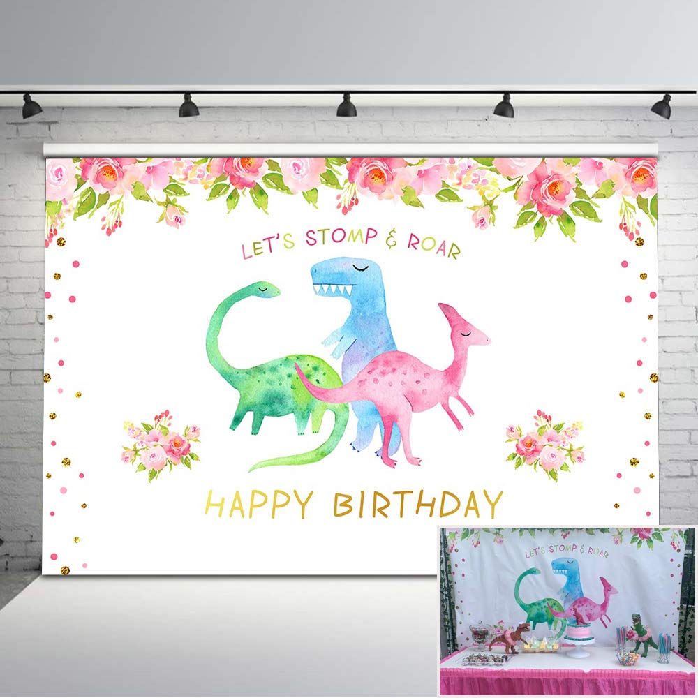 Dinosaur Birthday Backdrop - 7x5ft Floral Dinosaur Photo Background with Gold Glitter Dots | Happy Birthday Party Decorations for Kids, Baby Showers & Dinosaur Themed Events