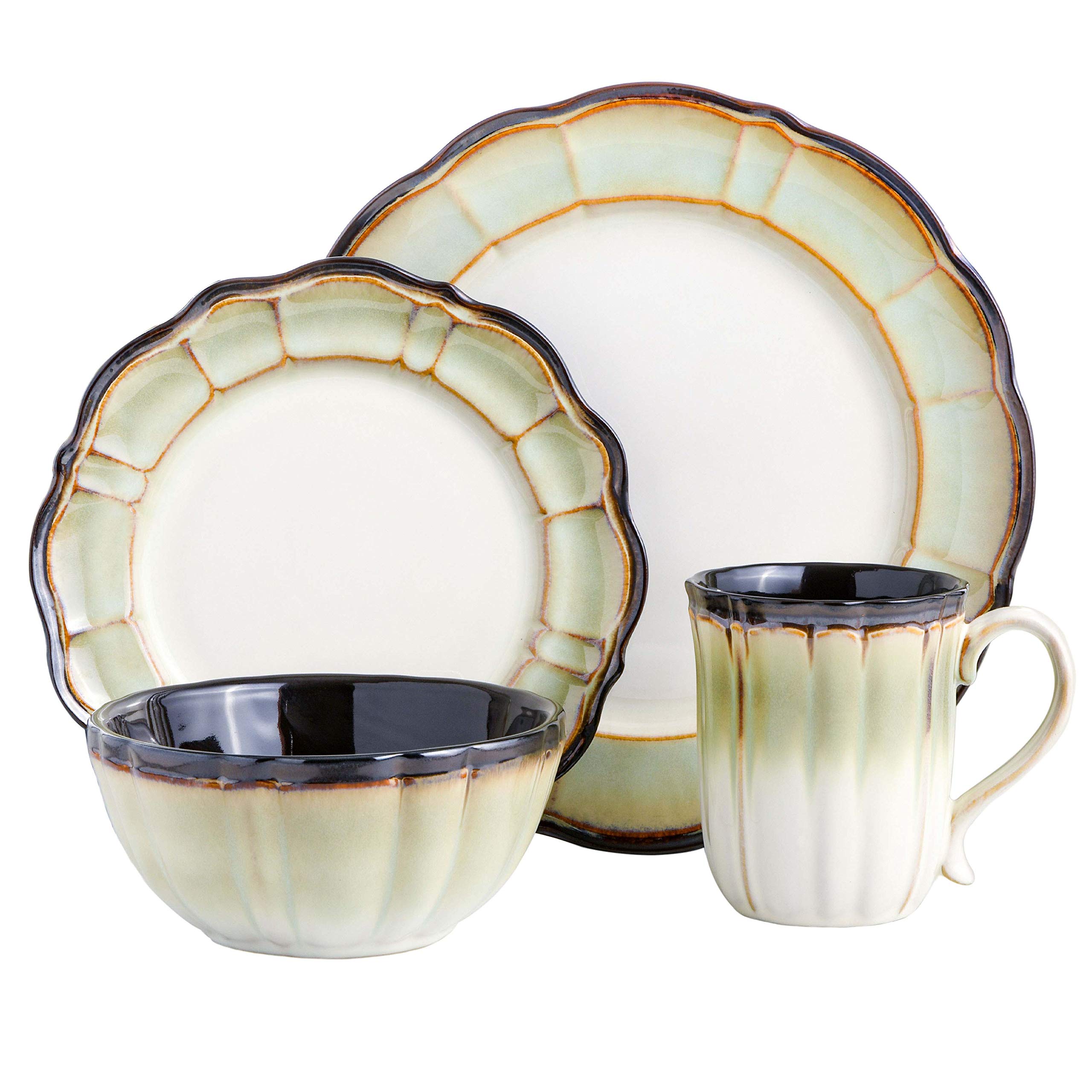 Premium Gibson Elite Althea Reactive Dinnerware Set - 16-Piece Green & Cream Porcelain Tableware for 4 | Elegant Dinner Plates, Bowls & Mugs | Perfect for Family Meals, Dinner Parties & Restaurant-Style Dining