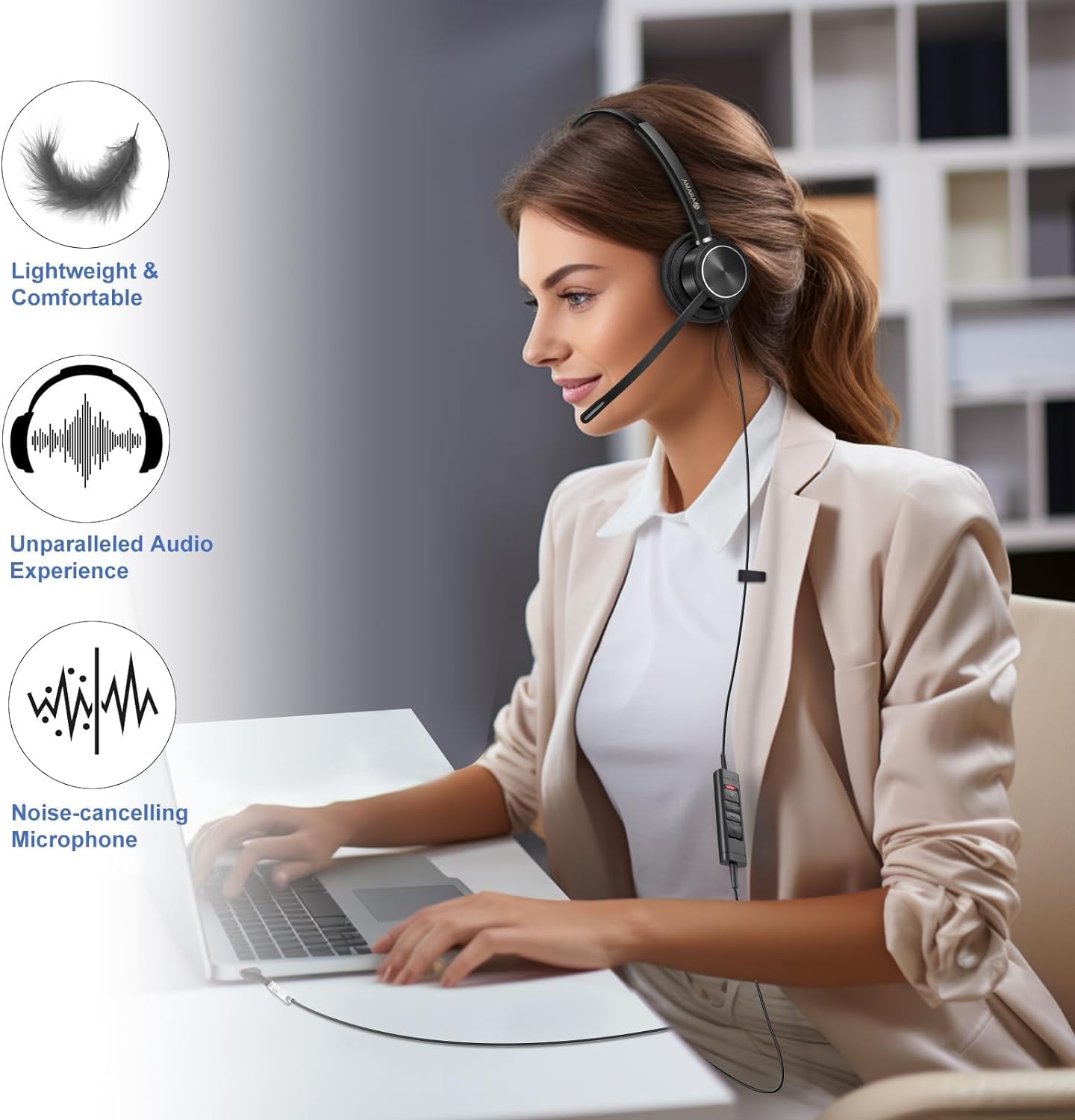 ARAMA USB Headset with Noise Cancelling Microphone for PC, Laptop - Wired Mono Computer Headphones with In-Line Volume Control - Ideal for Home Office, Call Centers, Online Classes, Zoom & Skype Meetings