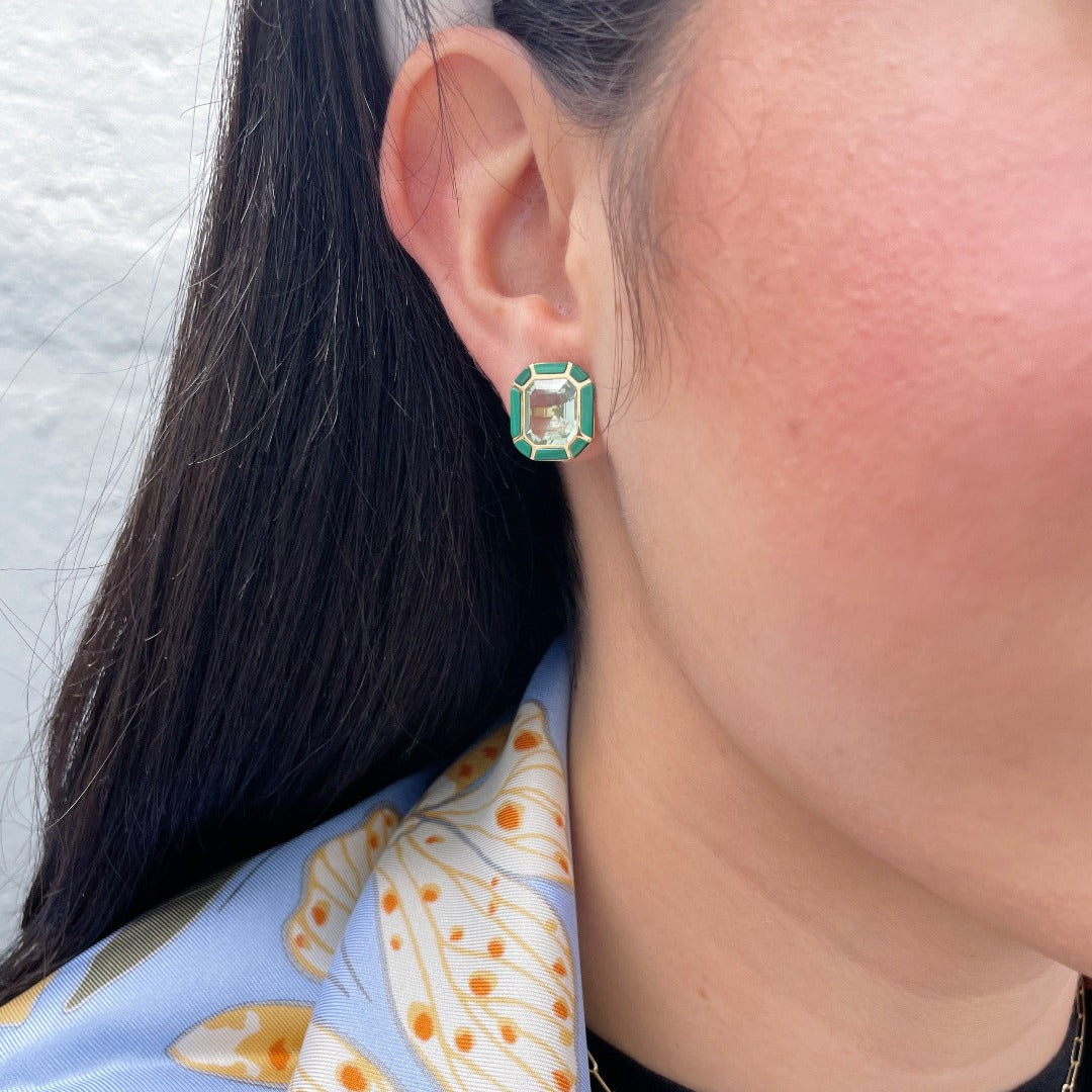 Goshwara 18K Gold Prasiolite & Malachite Inlay Stud Earrings for Women - Elegant Green Gemstone Jewelry for Parties, Weddings & Special Occasions