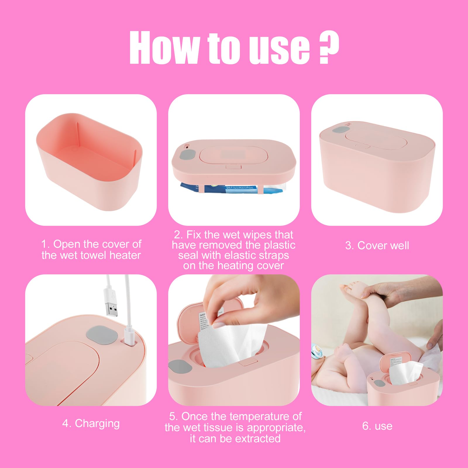 Baby Wipe Warmer with Thermostat Control - USB-Powered Portable Wipes Heater for Even Heating, Prevents Dryness - Fast & Gentle Warming for Diaper Changes at Home, Nursery or On-the-Go - Compact 7.87×4.72×3.93in Pink Wipes Warmer (Perfect for Newborns & Sensitive Skin)