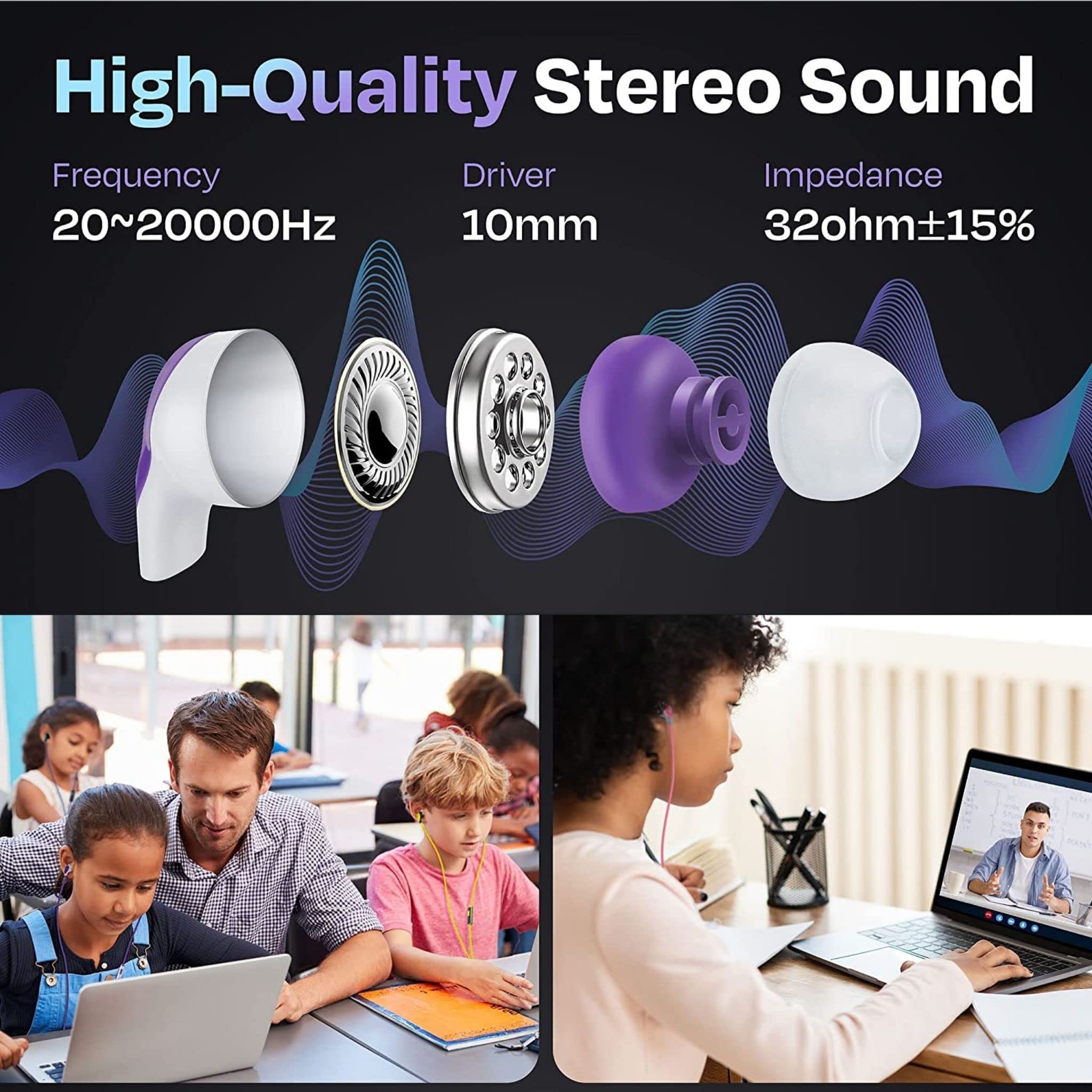 30 Pack Multicolor 3.5mm Stereo Earbuds Bulk - for School, Classroom, Library Use