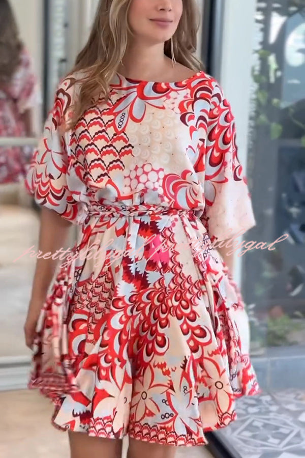 **Stylish Printed Round Neck Short Sleeve Waist Tie Mini Dress for Women - Perfect for Vacation, Beach, and Summer Outfits**