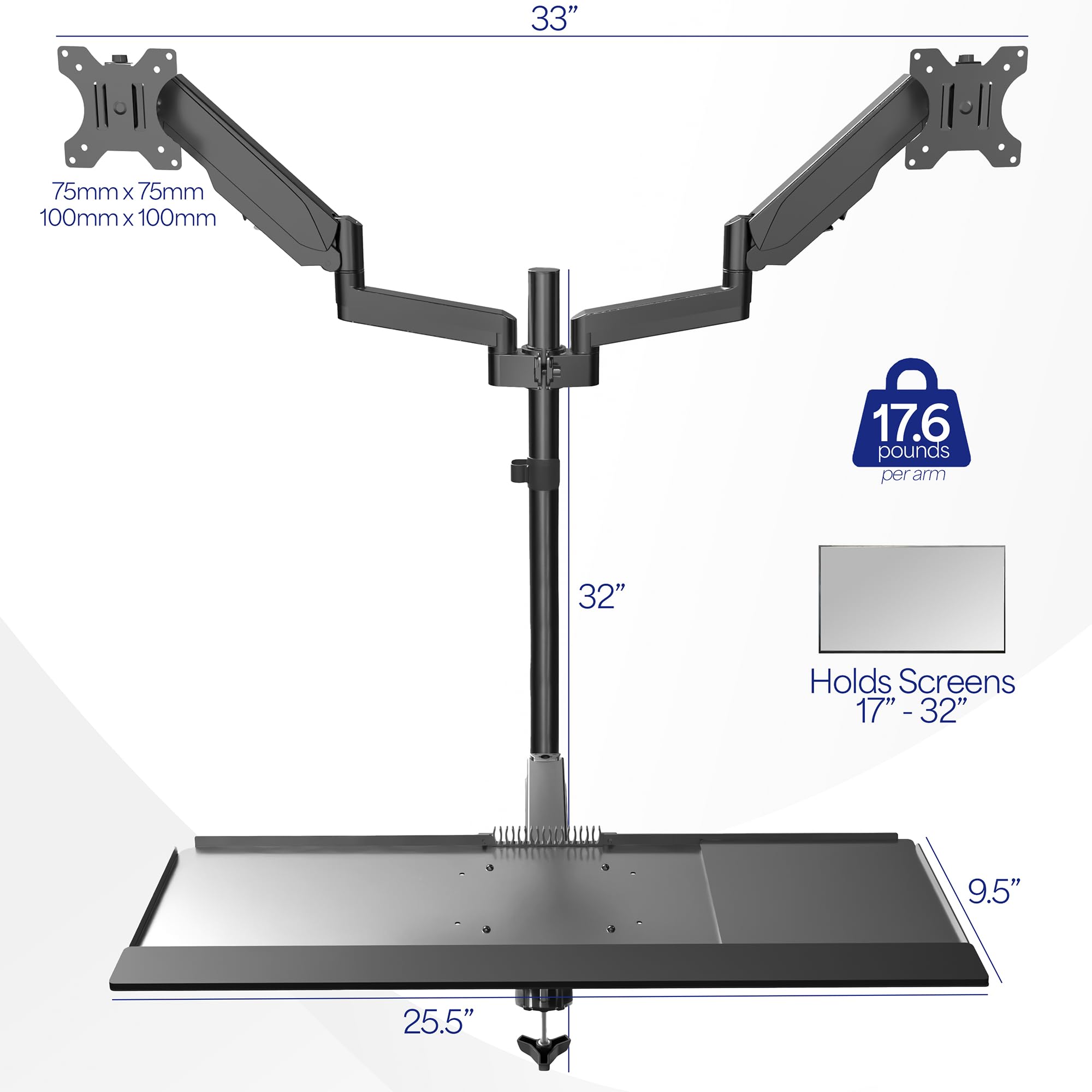 VIVO Black Dual Monitor Stand - Adjustable Height Sit to Stand Workstation with Pneumatic Spring, Holds 2 Screens up to 32 inches - Perfect for Home Office, Gaming Setup & Ergonomic Workspace