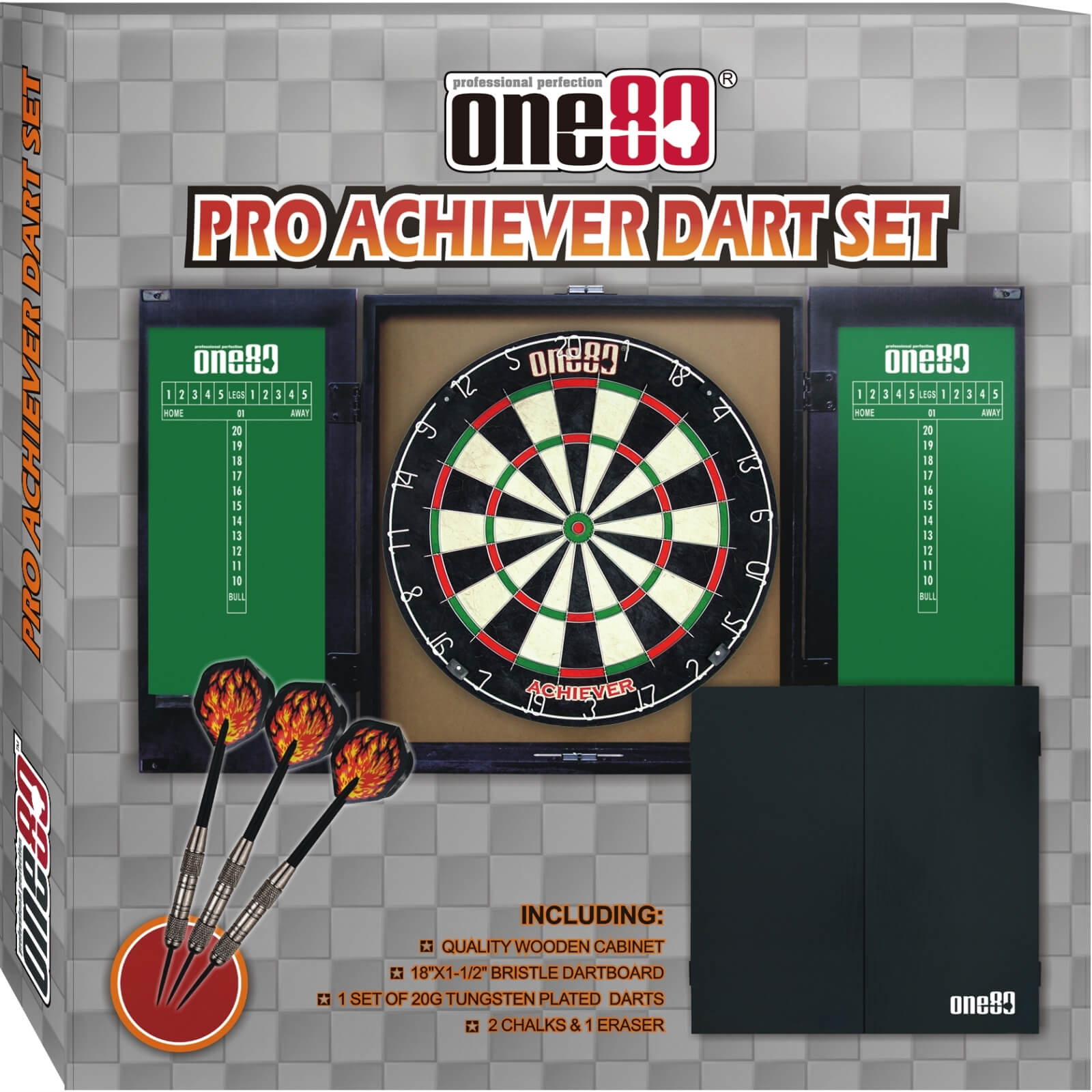 One80 Pro Achiever Bristle Dartboard & Cabinet Set - Professional Steel Tip Darts Game for Home, Bar, or Office Use