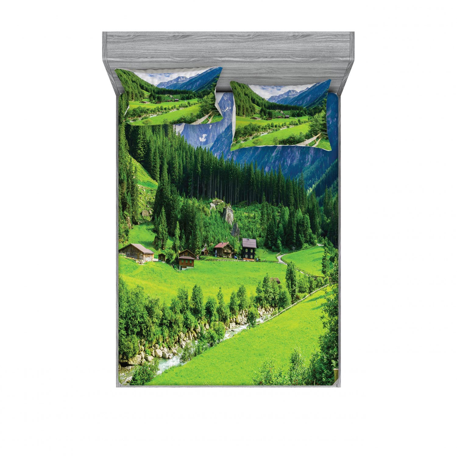 Ambesonne 2-Pack Queen Size Fitted Sheet Set with 4 Pillow Shams - Alpine Scenery Pastoral Design Green White Bedding Collection | Perfect for Guest Rooms, Vacation Homes & Cozy Cabin Retreats