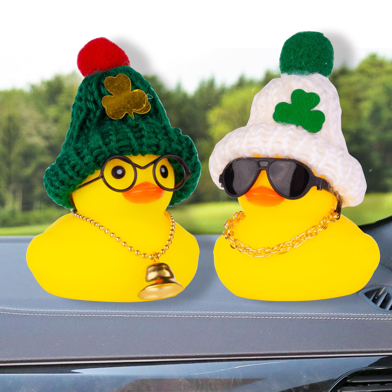 Cute Rubber Duck Car Dashboard Decoration with Mini Beanie Hat, Necklace & Sunglasses - Fun St. Patrick's Day Car Accessories for Party & Holiday Decor