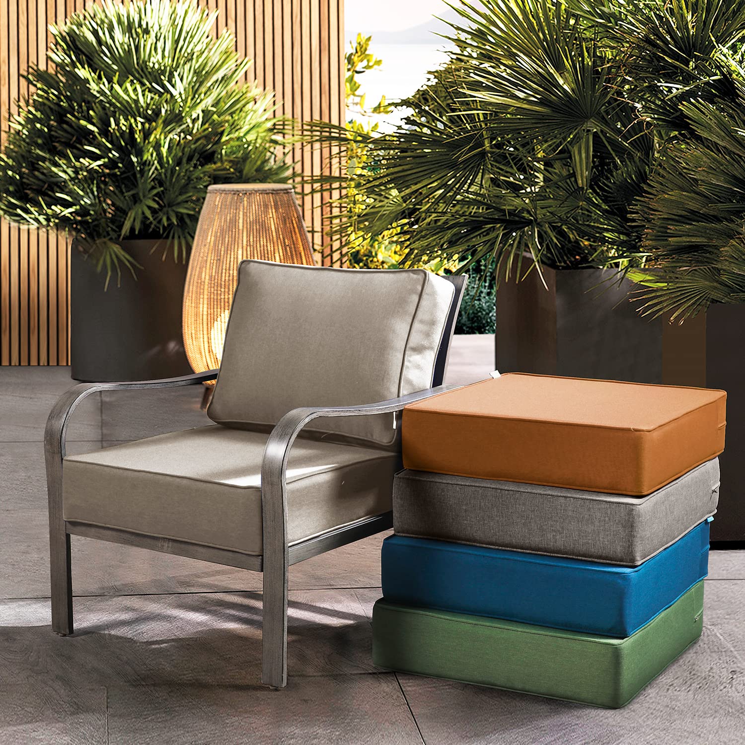 24x24 Inch Deep Seat Patio Cushions for Outdoor Furniture - 6 Inch Thick with 18x24 Inch Back Cushion - Removable & Replaceable Olefin Fabric Covers in Khaki & Floral Patterns - Perfect for Patio Sofas, Sectionals, and Outdoor Lounge Chairs