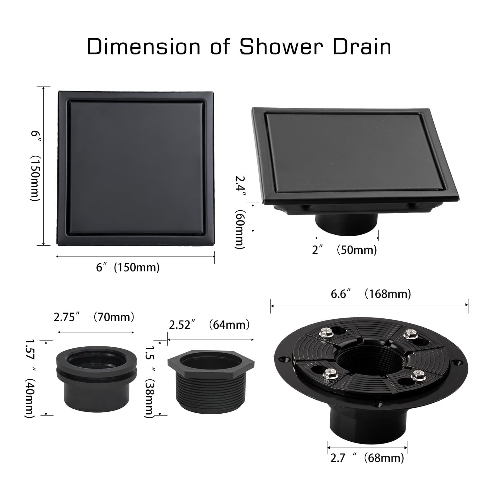 6 Inch Square Shower Drain with Flange - AISI 304 Stainless Steel Matte Black Floor Drain with 2-in-1 Tile Insert Cover & Hair Catcher - Perfect for Bathroom, Shower Stall, and Wet Room Installation
