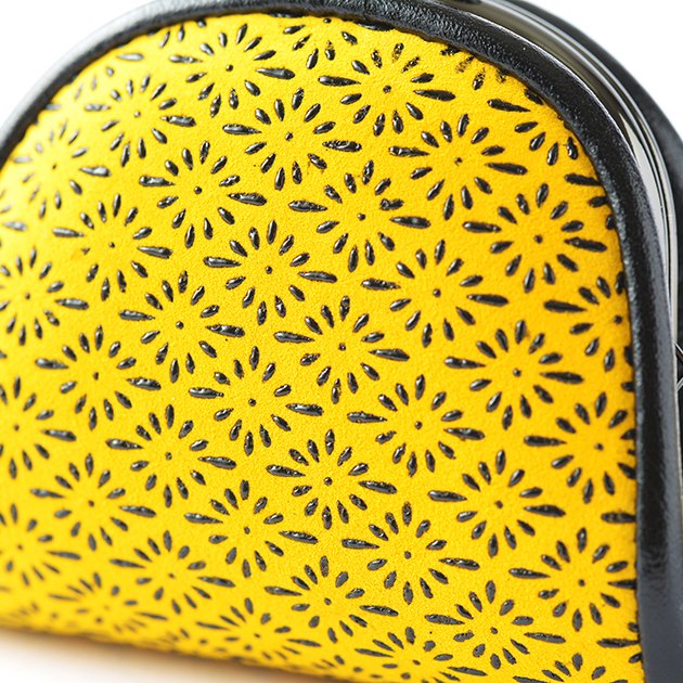 Japanese Koshu Inden Deerskin Leather Coin Purse with Urushi Lacquer Clasp - Chrysanthemum Crest Pattern in Yellow | Handmade in Japan | Traditional Gamaguchi Change Purse for Everyday Use, Gift Giving & Collectors
