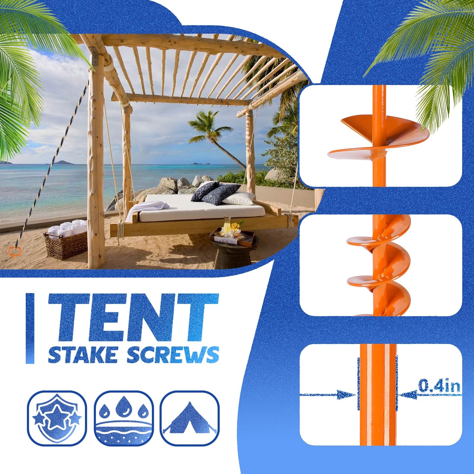 Heavy Duty 20in Orange Screw-in Tent Stakes (4PCS) with Adapter - Secure Anchors for Camping Tents, Trampolines & Mobile Homes | Durable Ground Screws for Outdoor Adventures & Wind Protection