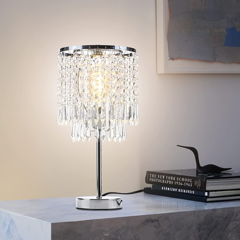 KUNJOULAM Silver Chrome Crystal Bedside Table Lamp - Modern Nightstand Lamp with Crystal Lampshade for Bedroom, Living Room, Office & Dining Room | Elegant Lighting for Home Decor, Reading Nook & Workspace