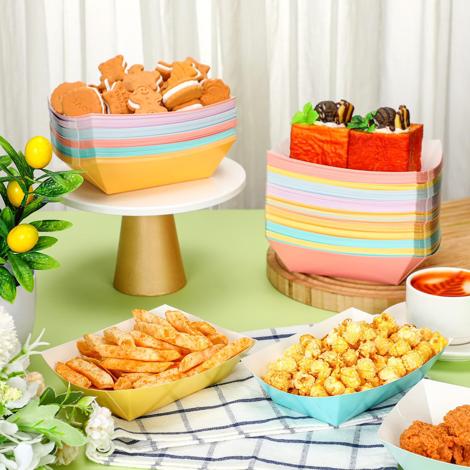 Lallisa 120 Pcs 2Lb Disposable Colorful Paper Food Trays - Grease Resistant Nacho, Hot Dog & Ice Cream Serving Boats - Pastel Party Supplies for BBQ, Picnic, Summer Snacks & French Fries (Ideal for Outdoor Events, Birthday Parties & Food Stands)