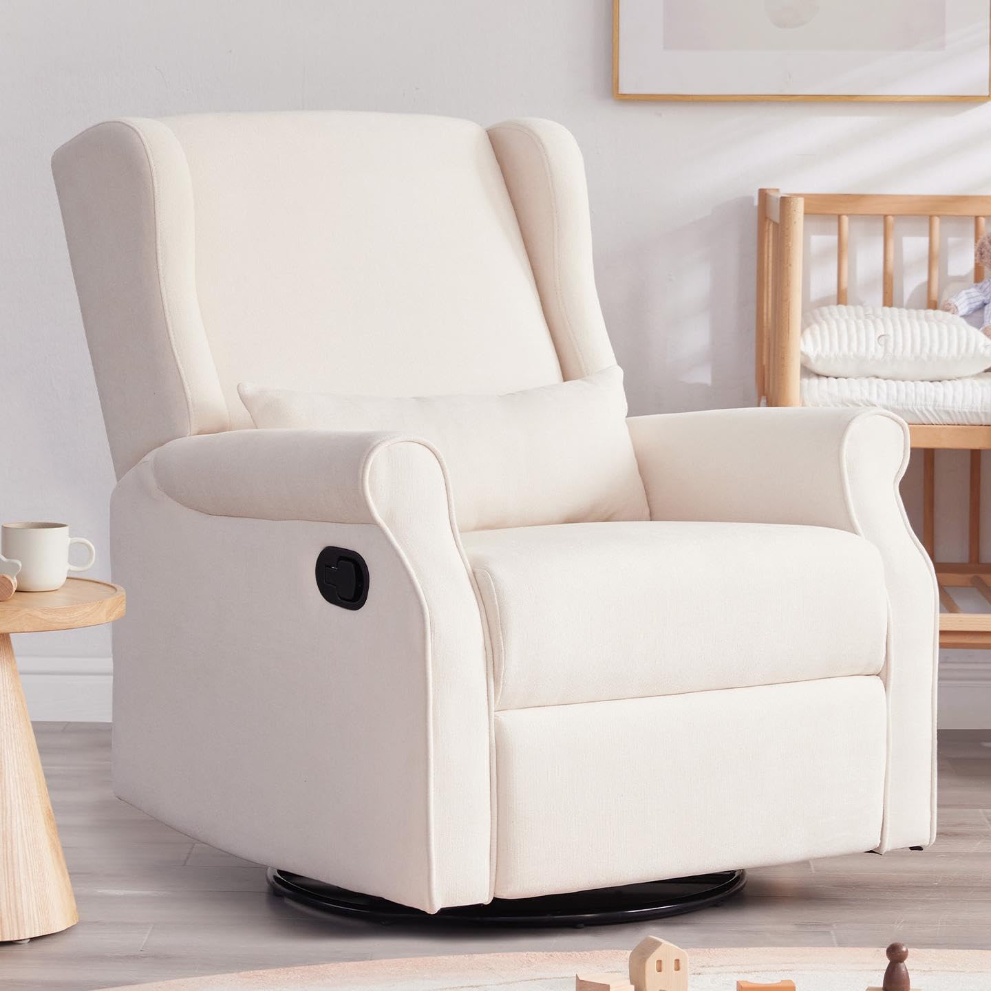 360° Swivel Glider Rocking Recliner Chair with Footrest - Manual Nursing Rocker for Nursery & Living Room - Soft Beige Fabric - Perfect for Breastfeeding, Reading & Relaxing